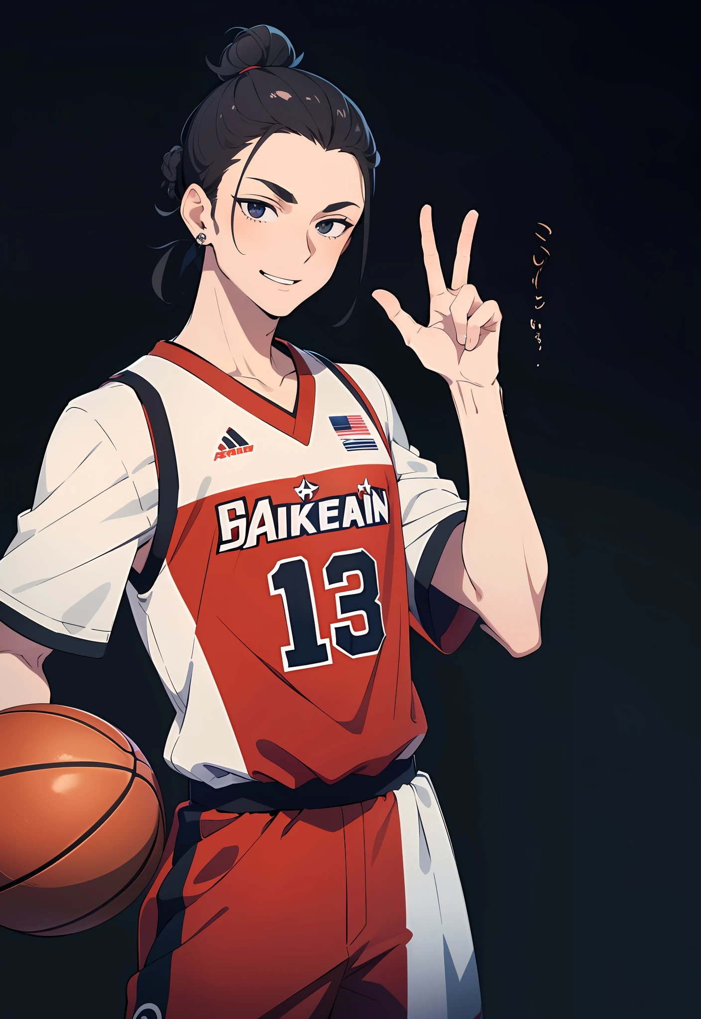 ((masterpiece)), (((best quality))), (super detail) expressive eyes, perfect face, (1man), man, lazy eye, man are cool, smirk smile, normal skin, wearing basketball uniform, black eyes, Triple Lobe Piercing, man bun black hair, hand raised and extended, arm slightly bent at the elbow, Position hand by raising forefinger and pointing it up, without background