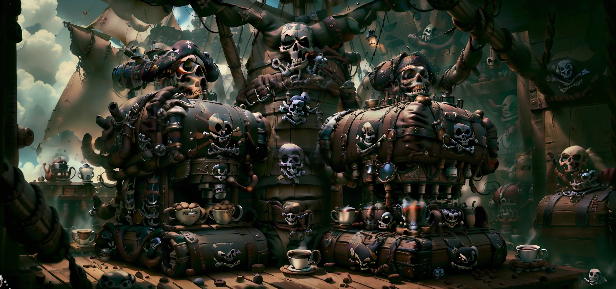((PiratePunkAI)), (Coffee Machine), ((Masterpiece)) HDR, (high resolution), High Detail, (coffee beans), leather and iron details 8k