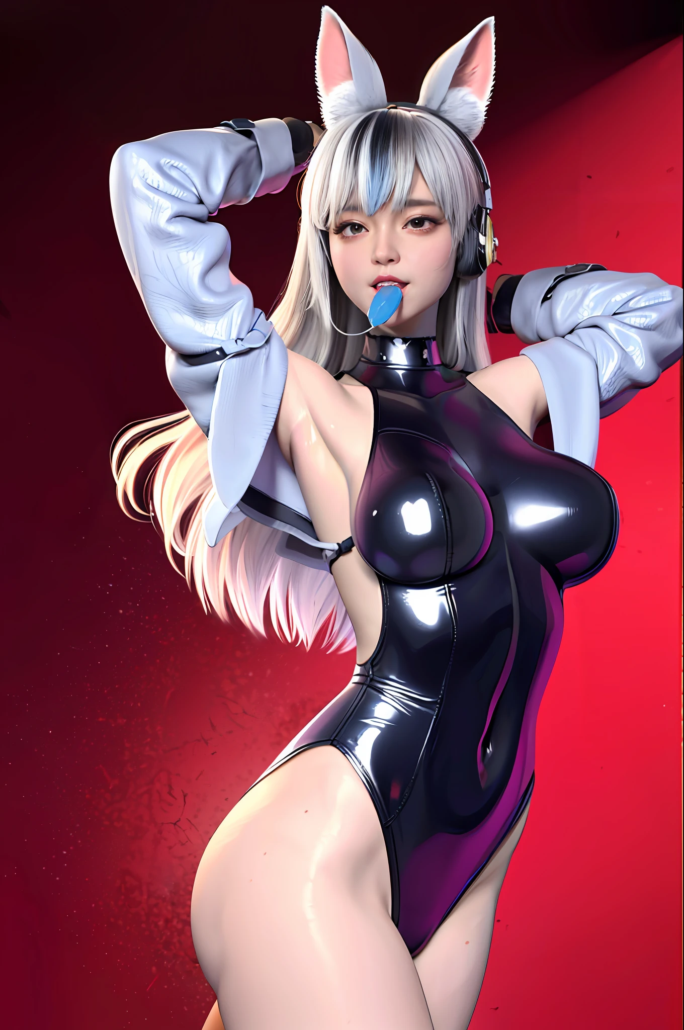 (RAW photo, Best quality, Mastery:1.2), (Realistic, photo-realistic:1.4),(Masterpiece:1.4),(Best quality:1.4),1girll, Solo, :D, Ear headphones, beast ear, Arms up,By bangs,Be red in the face,Tights,nedium breasts,rabbit pose,Clothes writing,Cover the navel,cowboy lens,fakeanimalears,mitts,exteriors,Morning,Yuki,hair intakes,Earphone,impossible bodysuit,Impossible clothes,huge tit,latex,latex body suit,long whitr hair,longer sleeves,looking at viewert,huge tit,Multicolored gloves,with her mouth open,Black tight-fitting top,Pink eyes,red color eyes,shinning clothes,shrugged shoulders\(The clothes ar\),side locks , tight-fitting, ssmile, Thigh crevices, upper legs, dual horsetail, Very long hair, whitegloves, White hair, Alice\(Nikke\),(Shiny skin), realisticlying,