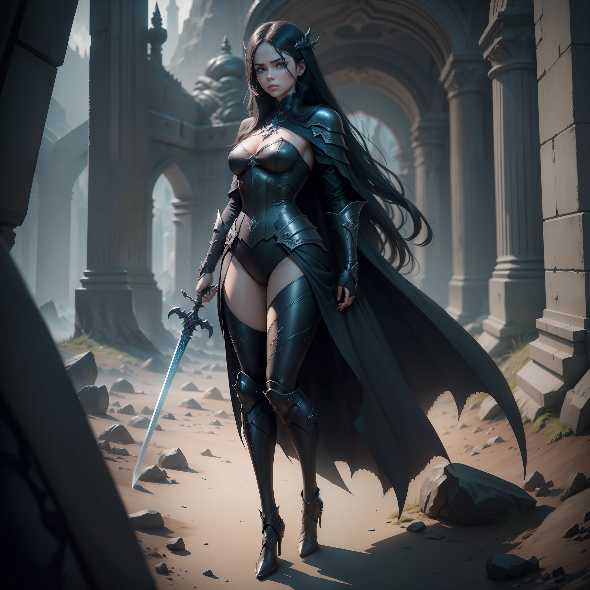 Full body portrait of girl in dark suit with sword in hand,Fight monsters、 unreal engine fantasy art, 8k fantasy art, trending on artstationh, 4K fantasy art, an ominous fantasy illustration, epic fantasy game art, Dark fantasy concept art