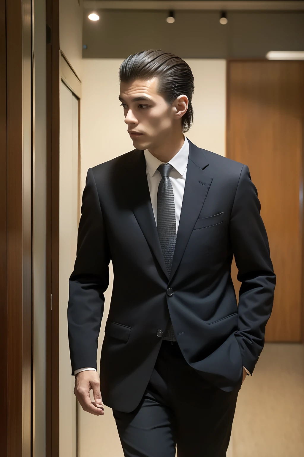 1 man，Young person，dressed in a suit，Handsome hairstyle，Walk in the museum，detailedfacialfeatures，Bust，musculature，Open suit collar，best qualityer，HighestQuali，real photograph，Realisticstyle，Leica camera，Natural soft light