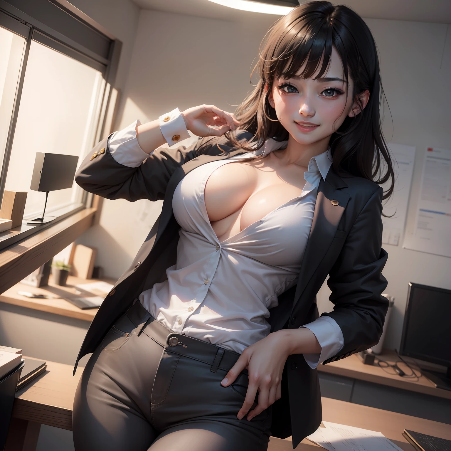 (8k, RAW photo, ultra high res, best quality, masterpiece:1.2), (realistic illustration), (extremely detailed CG unity 8k wallpaper), absurdres, 1 girl,21 yo, beautiful face,medium breasts,black medium hair,smile,tilting head,grin,upper body,slim fit pants,gray tailored jacket,office,upper body、乃木坂アイドル、女優、韓国アイドル　barechested