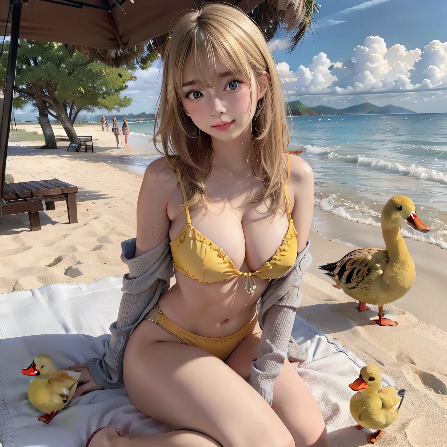 best quality, ultra high resolution, (photorealistic: 1.4), (detailed beautiful girl: 1.4), (medium breasts: 0.8), olhando_no_visualizador, detailed facial details, beautiful and detailed eyes, (blonde hair | brown), brown eyes, smile (makeup: 0.4), red lips, (full body, sitting, beach), very detailed clothes, (ulzzang-6500-v1. 1:0.3) \ , yellow ducks, strong wind,