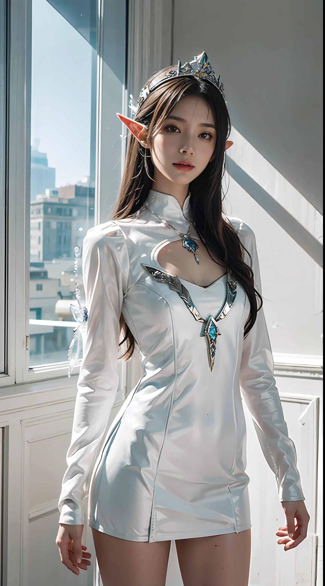 (Game ace:1.5,rotary symmetrical),Angel element art,(cowboy lens),Minimalist composition,the elf,Female magician,Delicate crystal headdress,Exquisite crystal armor,Electroluminescence,Dreamy glow,Conceptual digital art,white colors,(The is very detailed,Reasonable design,Clear lines,High clarity,The best quality,tmasterpiece,4K)