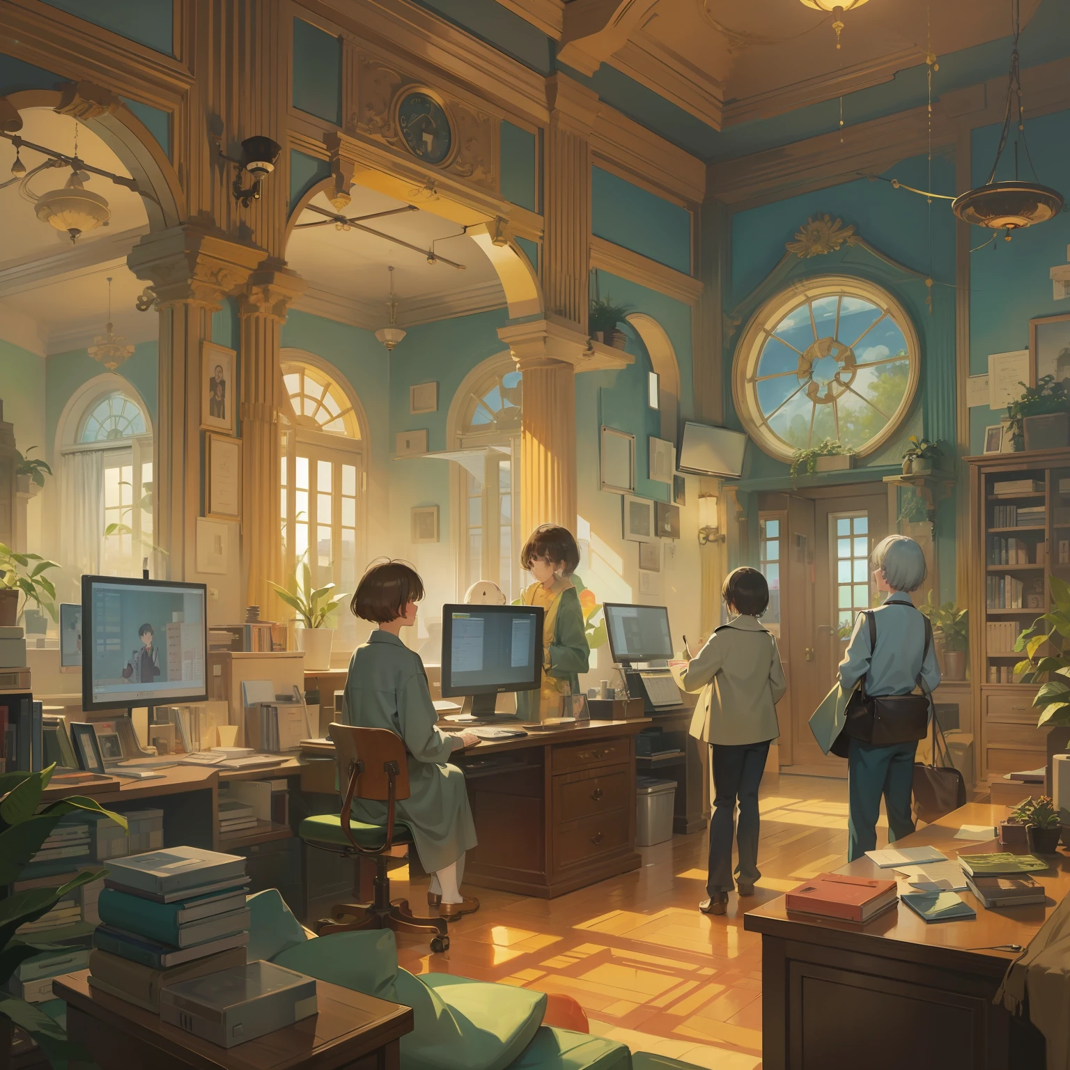 ((master piece,Best and highest quality))Inside the old government office, ((Four members on the path to digitalization)). The style is in the vein of Studio Ghibli, With detailed characters and backgrounds, And rich colors. Lighting radiates from the center of the room, 1 girl,1boy,1 Lady,1man,Highlight member activity. Colors are balanced between warm and cold tones, Representing the history of the old office and the new digitalization efforts. The composition spreads radially from the center, Capture a complete view of the room and the activities of each member.