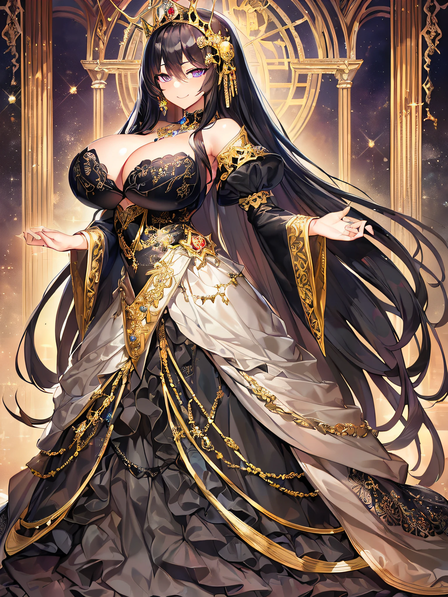 ((anime artstyle)),(Masterpiece),(Best Quality), (Super Detail),((Very Delicate and Beautiful)),((Solo)),((full body)),((one arrogant queen in glitter jeweled black and gold gorgeousfull ball gown with voluminous  fluffy skirt)),((BlingBling)),((arrogant)),(((haughty smile))),(Purple eyes),Sharp eyes,detailed face and eyes,jewel-like eyes,((Very Long voluminous black Hair)),Straight Hair,((Bangs between eyes)),((gorgeousfull embroidery and lace)),gorgeous corsage,See-through,gorgeousfull hair ornament,gorgeousfull glitter jeweled tiara,ornate ruffles,((gigantic breasts,Long breasts)),skindentation,((full body)),((hoop skirt,crinoline)),gorgeousfull jewelry ornaments,Dynamic Angle,Looking at viewer,royal gorgeous palace,(((gorgeous embroidery and glitter jeweled black and gold gorgeousfull ball gown with voluminous fluffy skirt))),(full body)