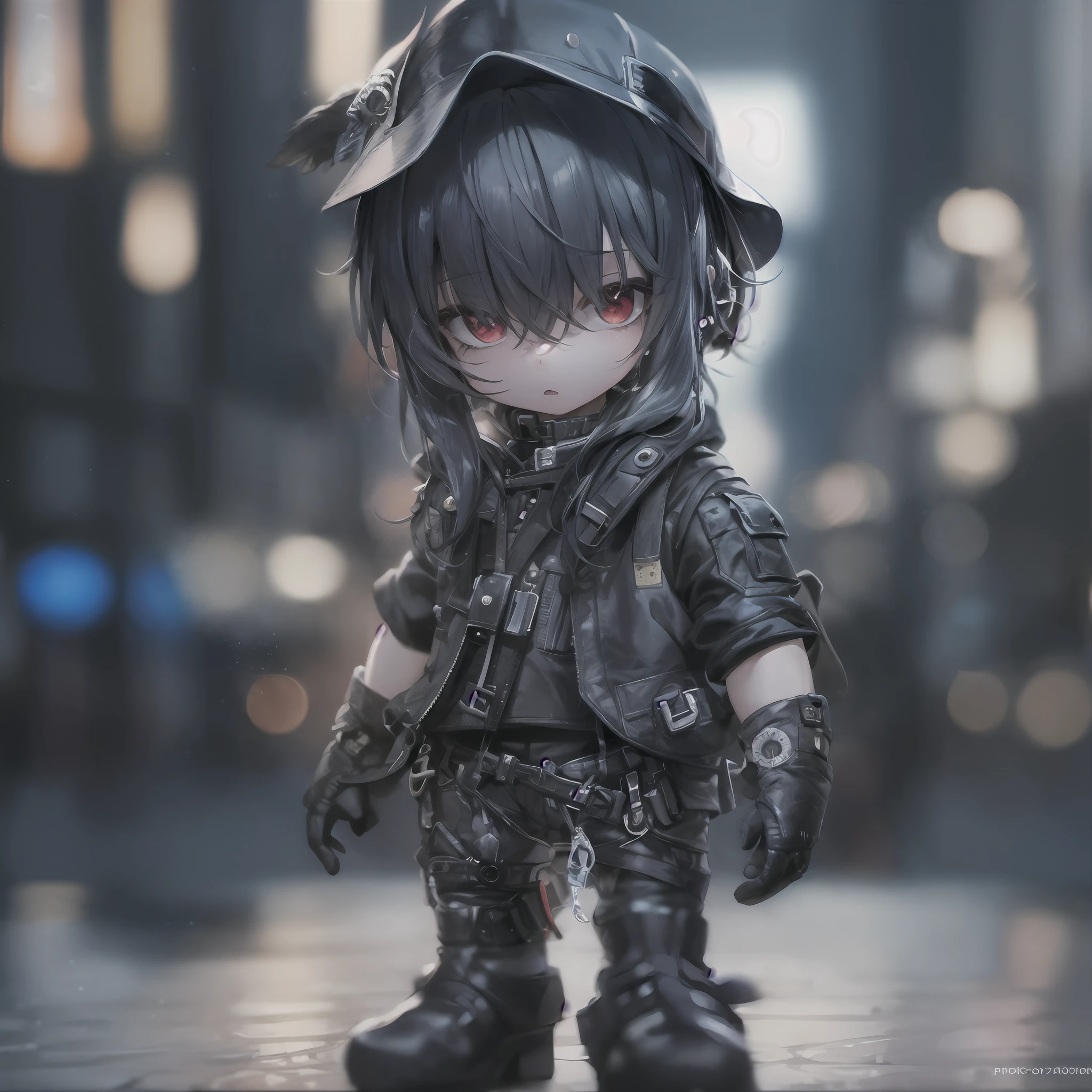 Photo of Little Ward Old Man、Nine Zero、Heavy Metal Jacket、Ear studs、Windswept black hair、A fitted、Beautiful fece、Massive、eye liner、standing on the walkway、background is a crowded street、bokeh dof、Sateen、moisture、cloudiness、artificial lights、detailed faces and eyes、highlydetailed skin、8KUHD、foco nítido、proffesional、top-quality