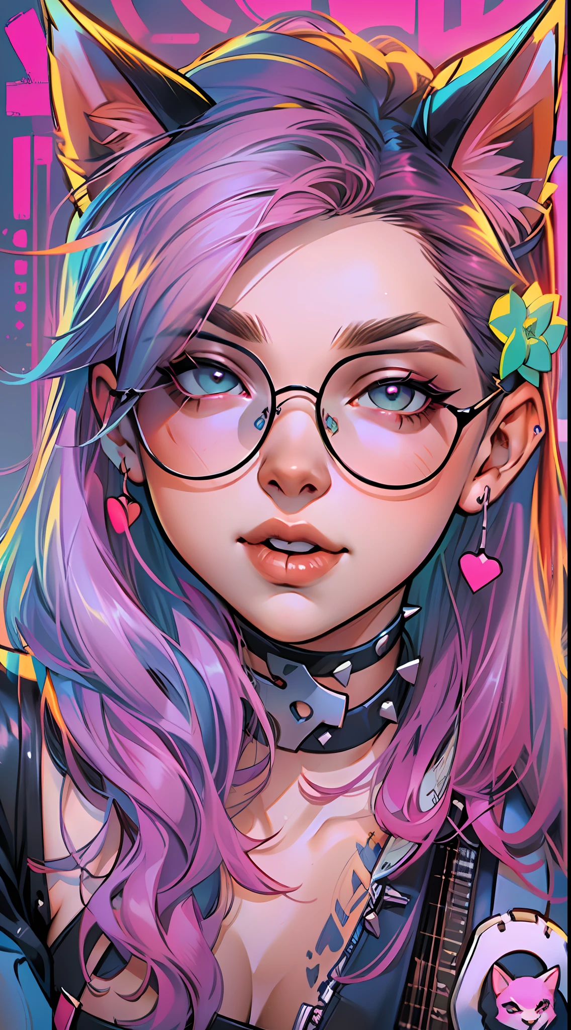 multi-colored neon lights, neon garlands, rose hair, mixed-language_SMS, Japanese, (beautiful and clear background:1.2), high detailed eyes , underwear, lace, latex, Pink, Purple, mint, Blue, Yellow, lavender hair, body piercings, Loving, Love, ultra detail hair, Masterpiece, Best Quality, hiquality, hight resolution, detail enhancement, ((most beautiful image in the world)), Masterpiece, Best Quality, hiquality, hight resolution, detail enhancement, ((most beautiful image ), Shiny pink hair, Ultra Short Fitted Stampa, art by stjepan sejic, art by j scott campbell, Artist Guillem March, art by citemer liu, 4k, hight resolution, comic book character, comic, high quality detailed, style of ::2.0 comix illustration style,tatoon style, hiquality, hight resolution, detail enhancement, 8K, HD, Best Quality, hiquality, hight resolution, detail enhancement, 8K, HDR, sharp-focus, Ultra Detailed, perfect lighting, Curvy Body, Lush breasts, Curvy hips, rock, rock star, Cool,black leather jacket , style of, spikes, Wolf, Cat's ears, Cool bracelets, Choker, Short shorts, fishnet pantyhose, (((plays the guitar))) plays the electric guitar, Plays, electric guitar, musician, guitarist, neon strings, virtuoso, Heart Print, Heart, glares, Multi-colored highlights,