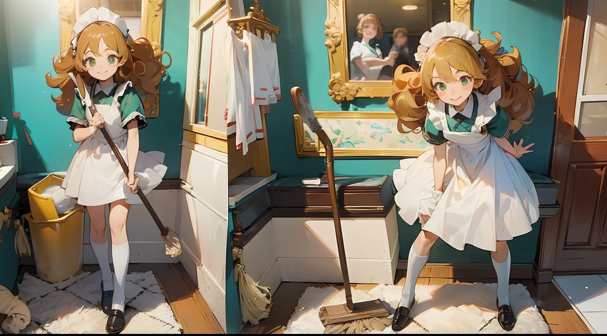 photorealisim、full body Esbian、12Year old girl、Cute with green eyes12Year old girl、Severe curly hair、Naturally curly hair、Golden hair、hitornfreckles、Housemaid style、ssmile、Cleaning cheerfully with a broom