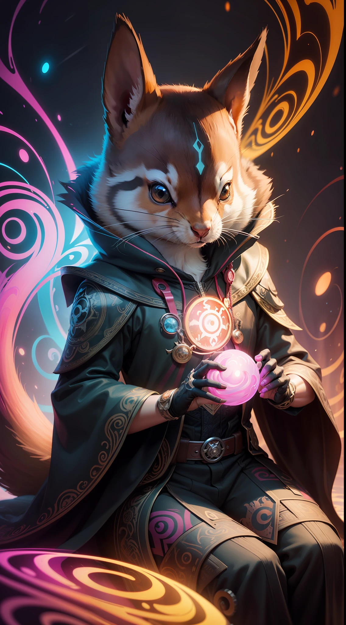a brightly colored doctor strange squirrel sitting on a black surface with a swirly tail, cute digital art, adorable digital painting, colorfull illustration, cute detailed digital art, colorful illustration, glowing lights! digital painting, jen bartel, cute colorful adorable, beautiful digital artwork, art of alessandro pautasso, cute artwork, adorable glowing creature, colorful glow