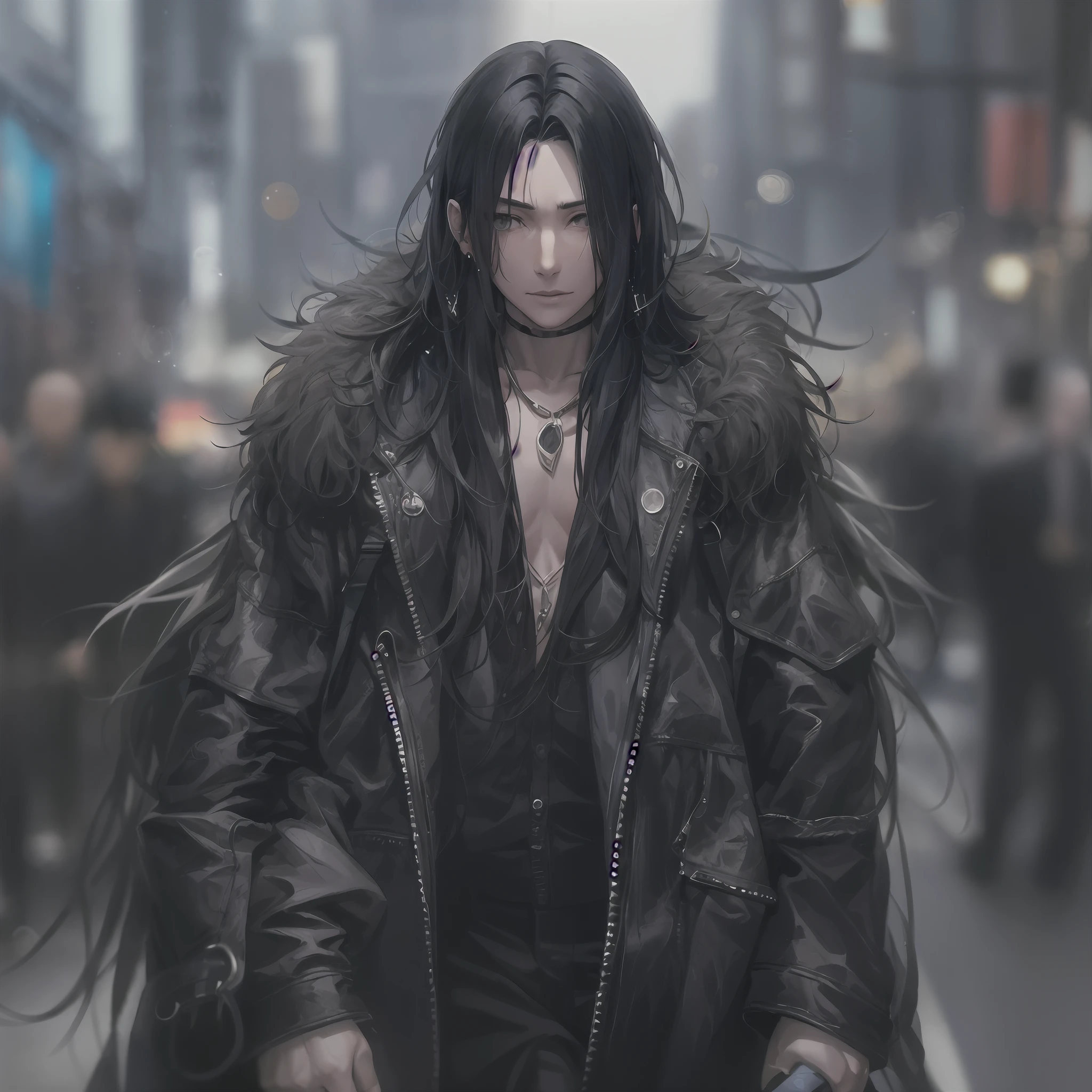 a photo of a man、Nine Zero、Heavy Metal Jacket、Ear studs、Long windswept black hair、A fitted、Beautiful fece、Massive、standing on the walkway、background is a crowded street、bokeh dof、Sateen、moisture、cloudiness、artificial lights、detailed faces and eyes、highlydetailed skin、8KUHD、foco nítido、proffesional、top-quality