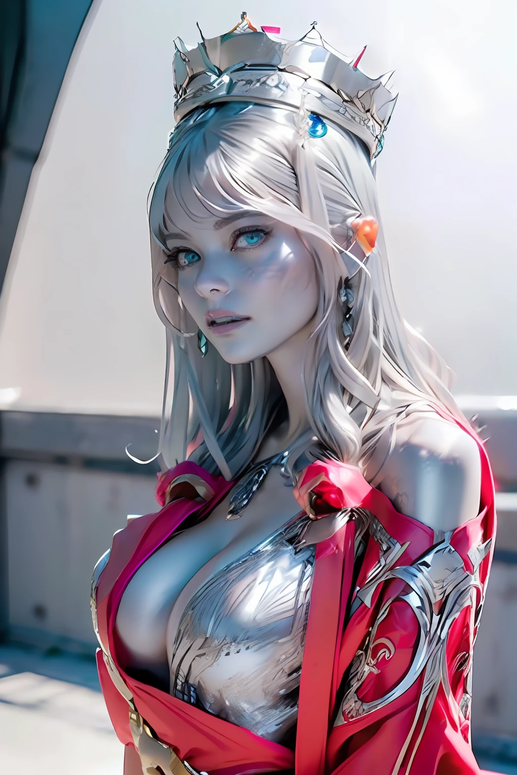 Ultra-detailed complex 3D rendering of the face, (masterpiece, top quality, octane rendering,), glamour shots full body image, very beautiful young elves, cleavage, (highly detailed skin: 1.2), (exposure: 1.1), ((blue micro bikini: 1.95)))). , 8k, (((very soft breasts)), (((conspicuous large pink areola)), beautiful Caucasian woman with white skin with full soft breasts with big buttocks, one, long braided hair, big breasts, dynamic angles, (((huge breasts: 2.4)), ultra-realistic photos, ((((((silver hair)))), futuristic urban background, facial muscles, (((((detailed and glamorous silver crown)))), In the style of Marvel Comics, ArtStation Trends, Clear Focus, Intricate Details, Very Detailed, Detailed Green Eyes, Sharp Focus, Digital Rendering, Professional, Abs, Lip Gloss, Glossy Skin, Sexy Pose, Golden Tattoo All Over Body, Silver Pattern All Over Body, Silver Lame Skin, Gold Glitter Skin, Mansuji, Buttocks, Jeweled All Over the Body, with silver scales, silver hair,