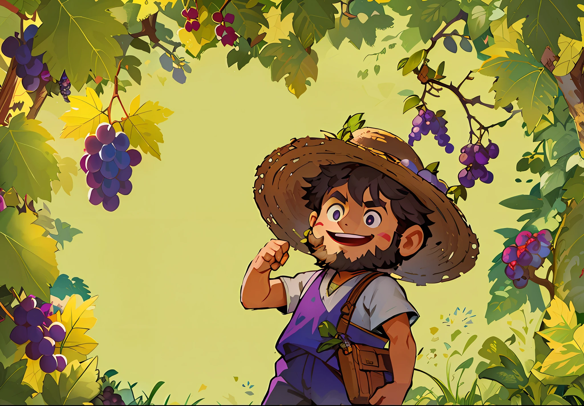 There is a grower wearing a straw hat and a straw hat,In the vineyard,Large grapes with great meticulous details,and fine details of grape leaves, offcial art, Official illustration, the wallpaper!, Official artwork, official character art, official character illustration,Commercial digital painting, 2D painting,Reasonable details,Master-like details,Reasonable composition,Flat illustration style