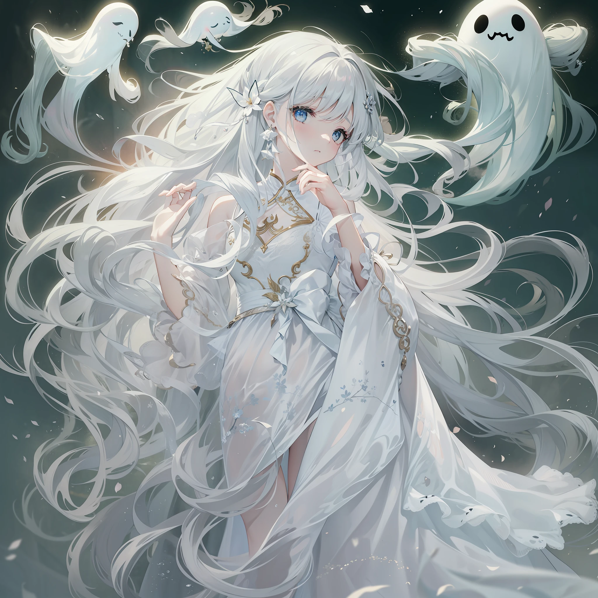 Girl in a dream。I have long silver hair。I'm dressed as a ghost。I'm looking languidly。It is an illustration of the highest quality。It is a beautiful illustration