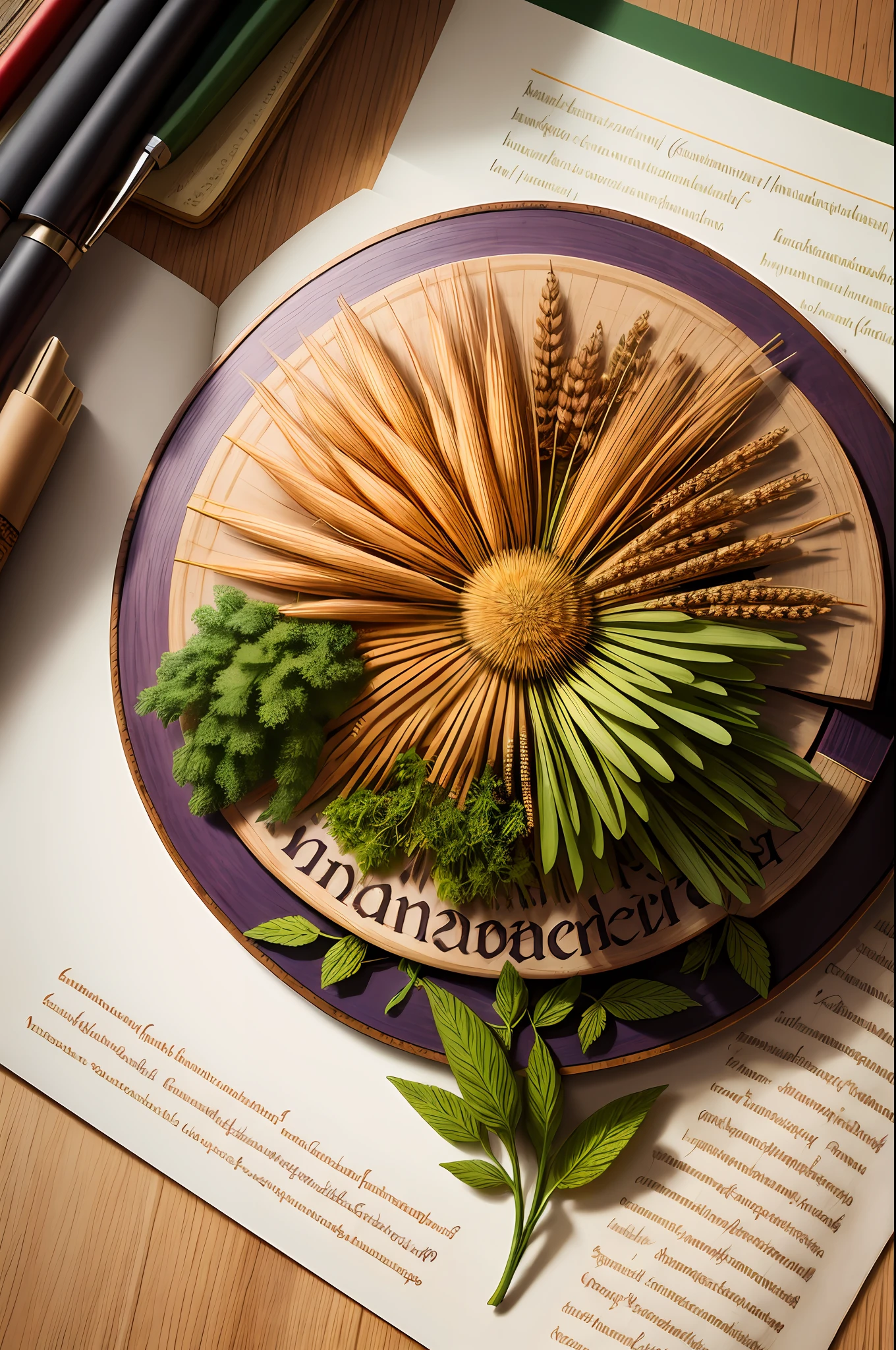 Detailed illustration of medieval herbal manuscript pages,With agricultural illustrations,With illustration of whole grains,Complex text,extremly high detail,aerial view from above,at centre,No Man,No Man
