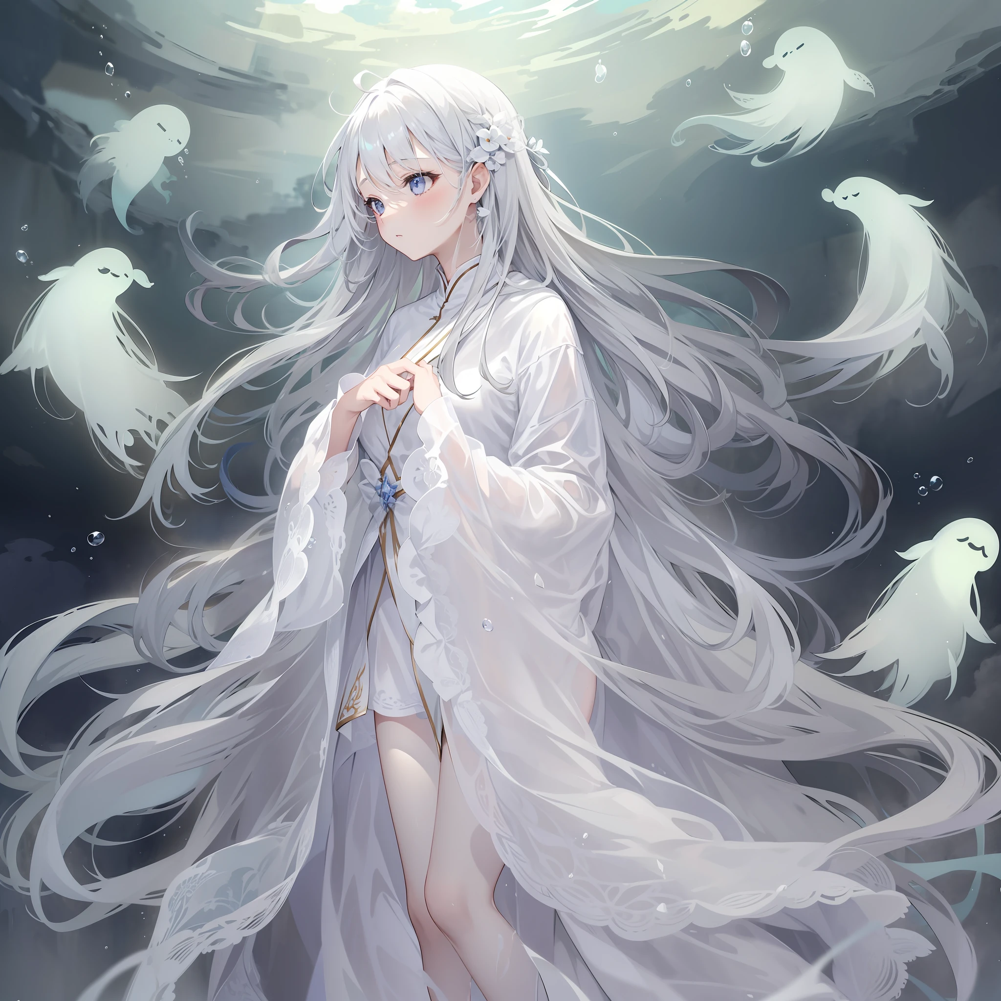 Girl in a dream。I have long silver hair。I'm dressed as a ghost。I'm looking languidly。It is an illustration of the highest quality。It is a beautiful illustration。Wearing a white cloth