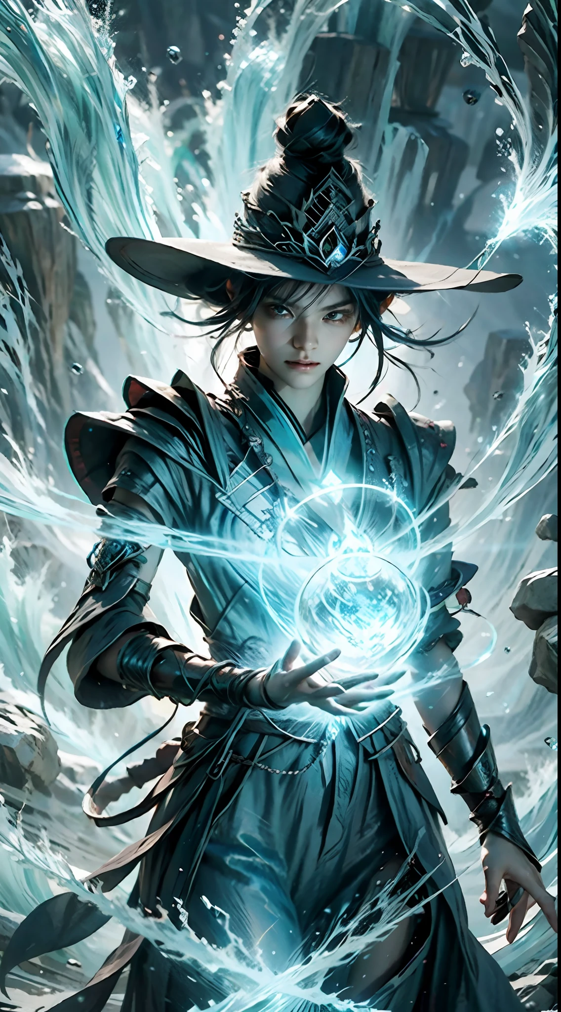 (Yu-Gi-Oh cards:1.5, rotationalsymmetry),A Necromancer,(Cowboy shot),Minimalist composition,swell sea,Female magician,Delicate crystal headdress, Delicate crystal armor,Electroluminescence,dreamy glow,Conceptual digital art, Azure and gray,(Very detailed, reasonable design, Clear lines, High sharpness,Best quality, Masterpiece, 4K )