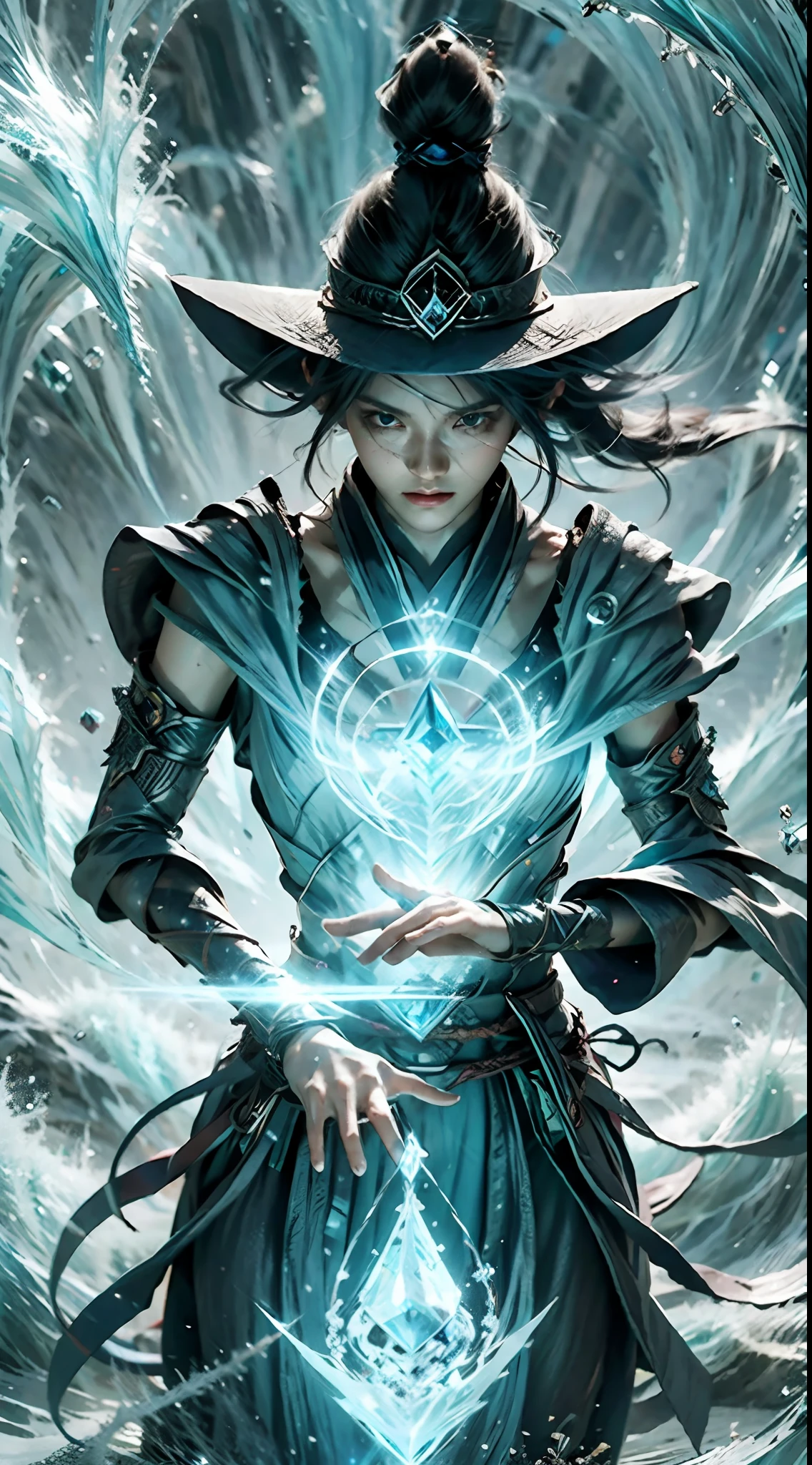 (Yu-Gi-Oh cards:1.5, rotationalsymmetry),A Necromancer,(Cowboy shot),Minimalist composition,swell sea,Female magician,Delicate crystal headdress, Delicate crystal armor,Electroluminescence,dreamy glow,Conceptual digital art, Azure and gray,(Very detailed, reasonable design, Clear lines, High sharpness,Best quality, Masterpiece, 4K )