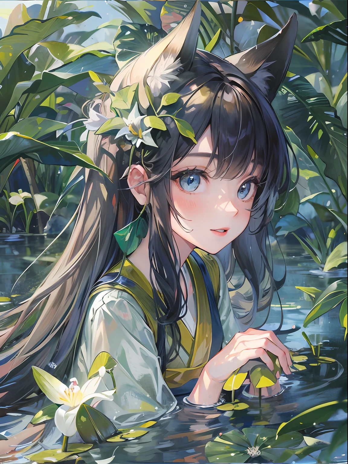 1girl, solo, beautiful detailed eyes, {{{masterpiece}}}, {{{best quality}}}, {{ultra-detailed}}, {illustration}, cinematic angle, {beautiful detailed eyes}, extremely detailed, detailed background, detailed face. full_moon, leaf, moon, plant, potted_plant, bamboo, palm_tree, butterfly, water, tanabata, branch, barefoot, night, lily_pad, tanzaku, soaking_feet, vines, solo, outdoors, tree, sitting, long black hair, wet, flower, smile, ivy, green_eyes, white kimono, lily_of_the_valley, sky, blue_butterfly, looking_at_viewer, palm_leaf, ((masterpiece,best quality)), beautiful detailed eyes, beautiful detailed face, fox ears