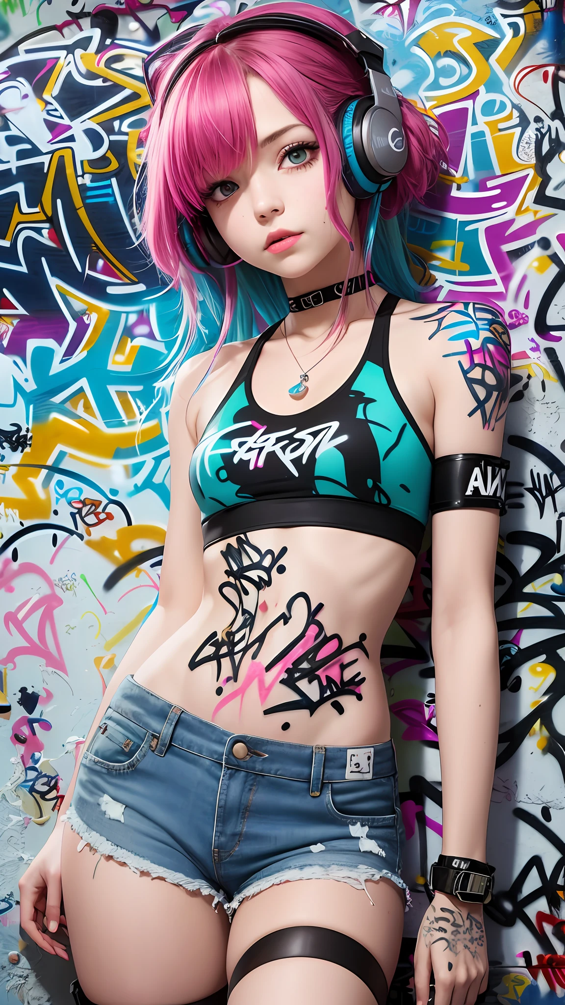 masterpiece, best quality, 1girl, solo, crop top, denim shorts, choker, (graffiti:1.5), paint splatter, arms behind back, against wall, looking at viewer, armband, thigh strap, paint on body, head tilt, bored, multicolored hair, aqua eyes, headset,