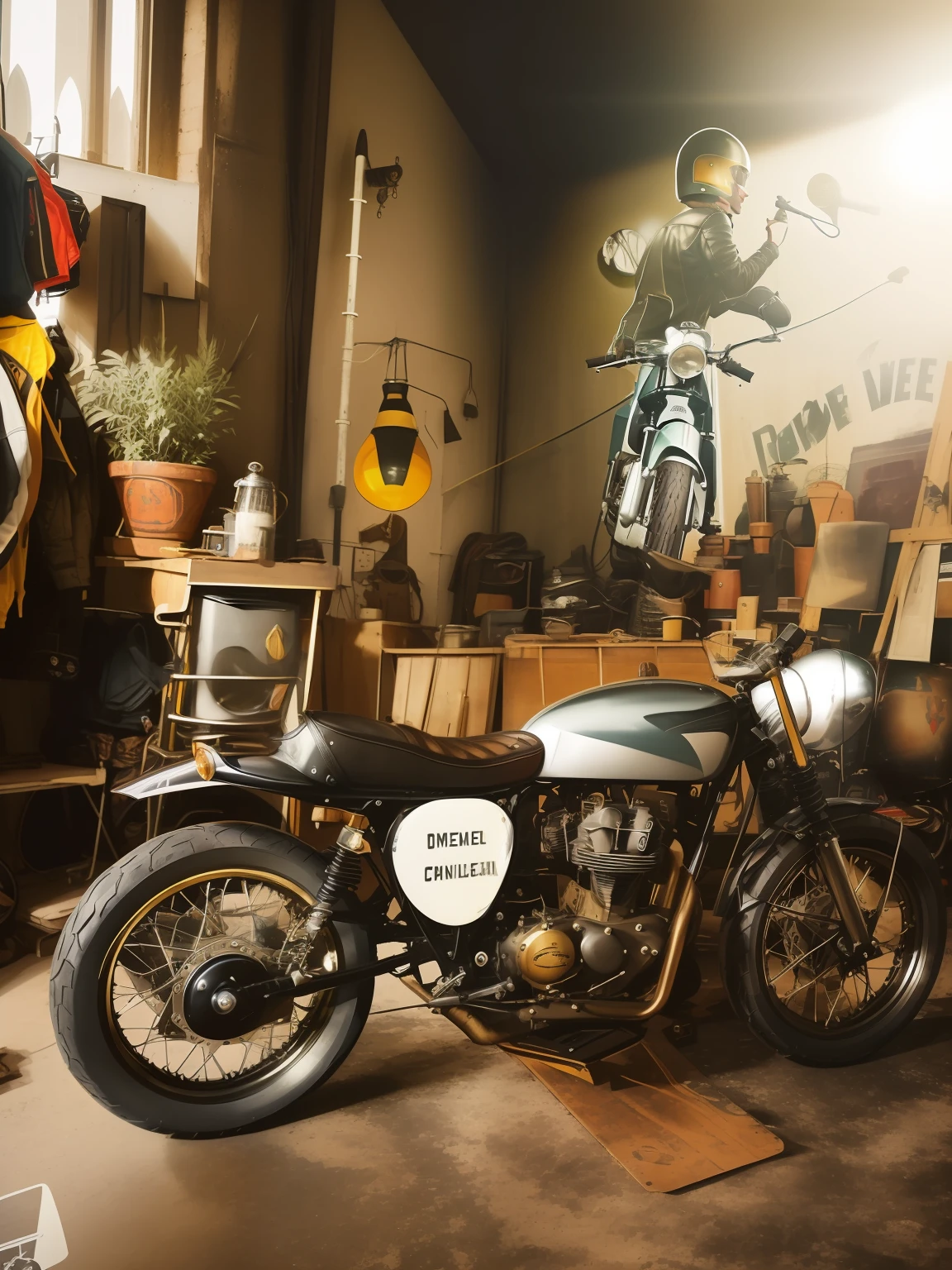 there is a motorcycle that is parked in a garage, cafe racer, 1 9 6 0 s cafe racer, in a workshop, deus ex machina, 🪔 🎨;🌞🌄, scrambler, 1 9 5 0 s scrambler, motorcycles, masterpiece work of art, by Romain brook, by Aneurin Jones, motorcycle, by Brian Fies