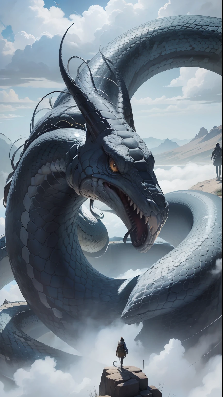 Huge snakes flew across the sky，Giant Serpent，Elongated body，Correct snake anatomy，the detail