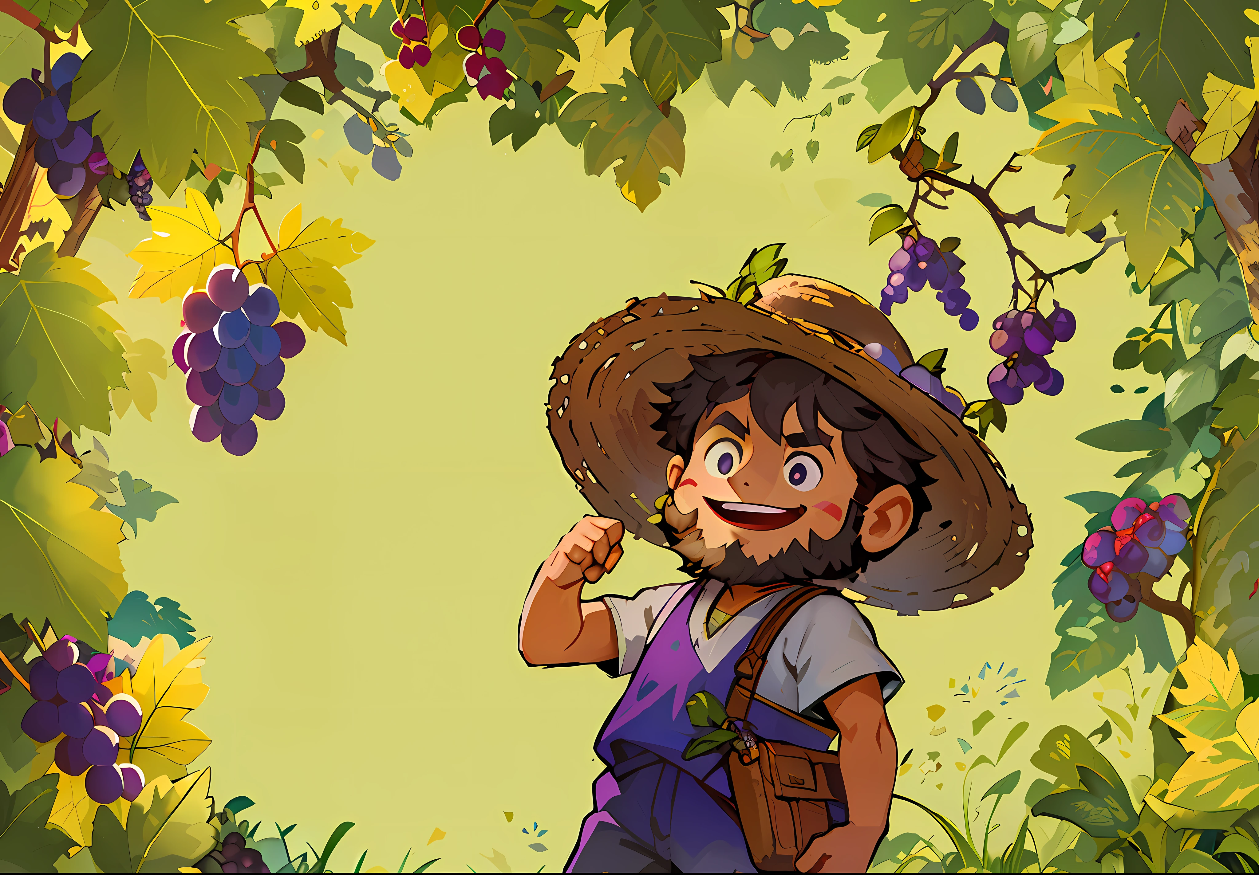 There is a grower wearing a straw hat and a straw hat,In the vineyard,Large grapes with great meticulous details,and fine details of grape leaves, offcial art, Official illustration, the wallpaper!, Official artwork, official character art, official character illustration,Commercial digital painting, 2D painting,Reasonable details,Master-like details,Reasonable composition,Flat illustration style
