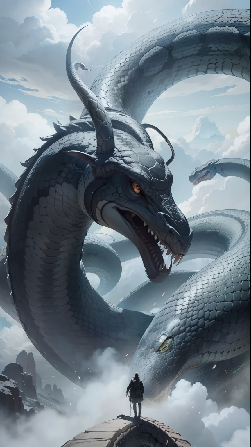 Huge snakes flew across the sky，Giant Serpent，Elongated body，Correct snake anatomy，the detail