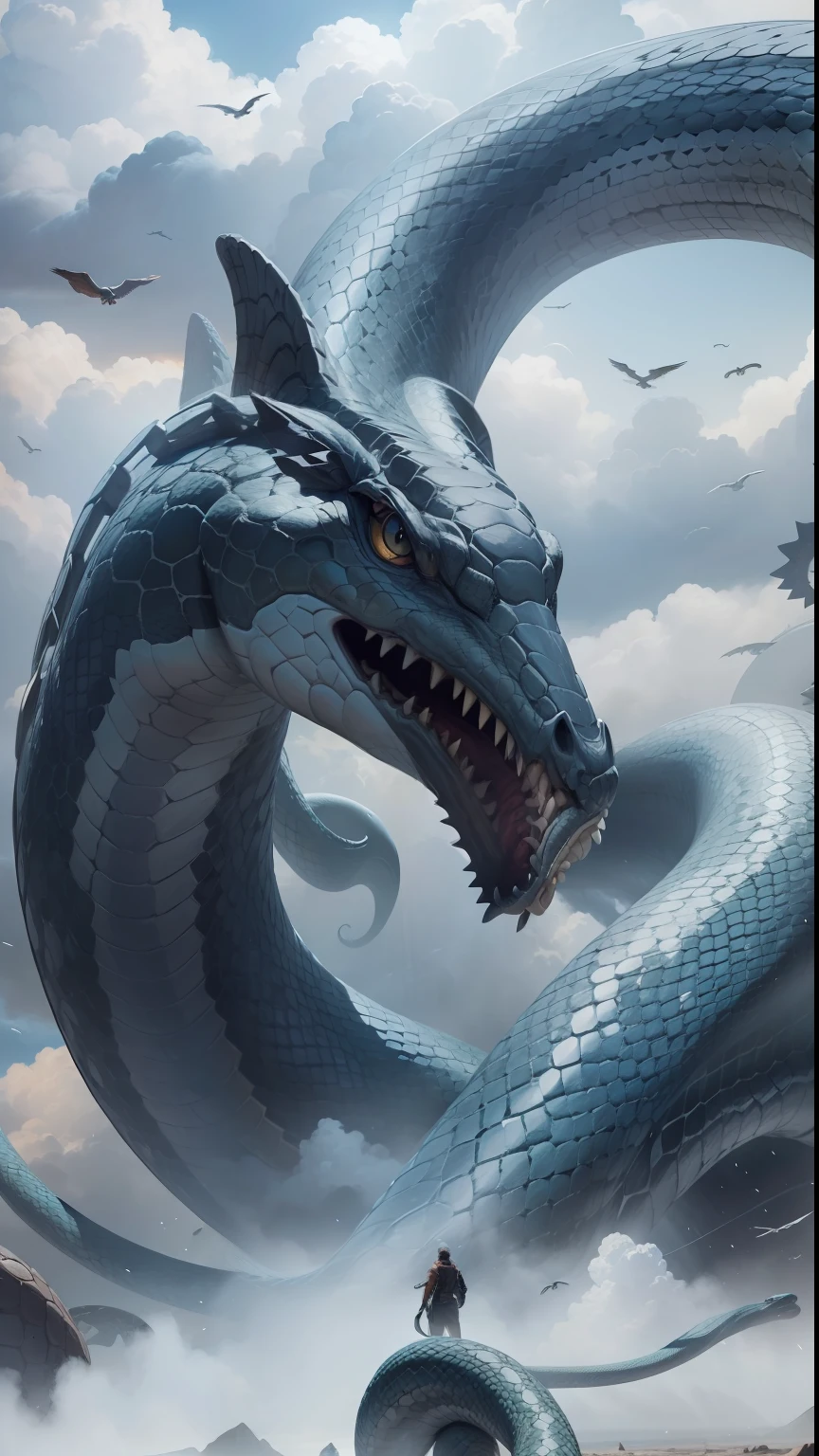 Huge snakes flew across the sky，Giant Serpent，Elongated body，Correct snake anatomy，the detail