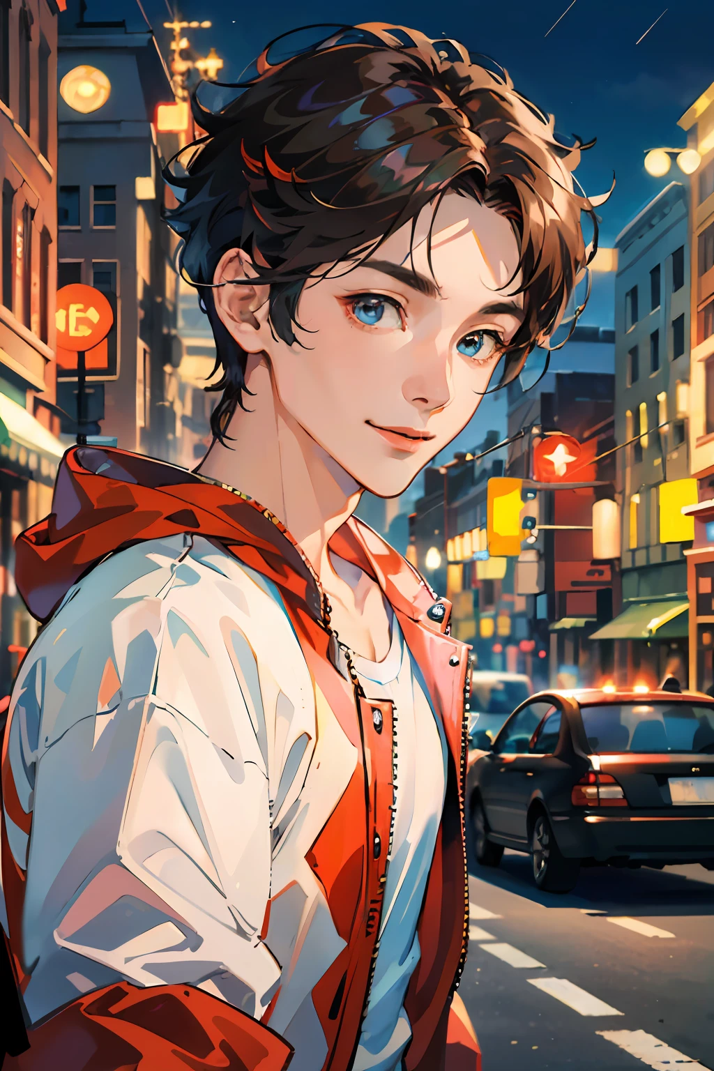 (absurdres, highres, ultra detailed, HDR), masterpiece, best quality, 1boy, handsome, short hair, finely eye and detailed face, (white t-shirt), (red jacket), dimple, night street, night city, midnight, selfie shot, light smile