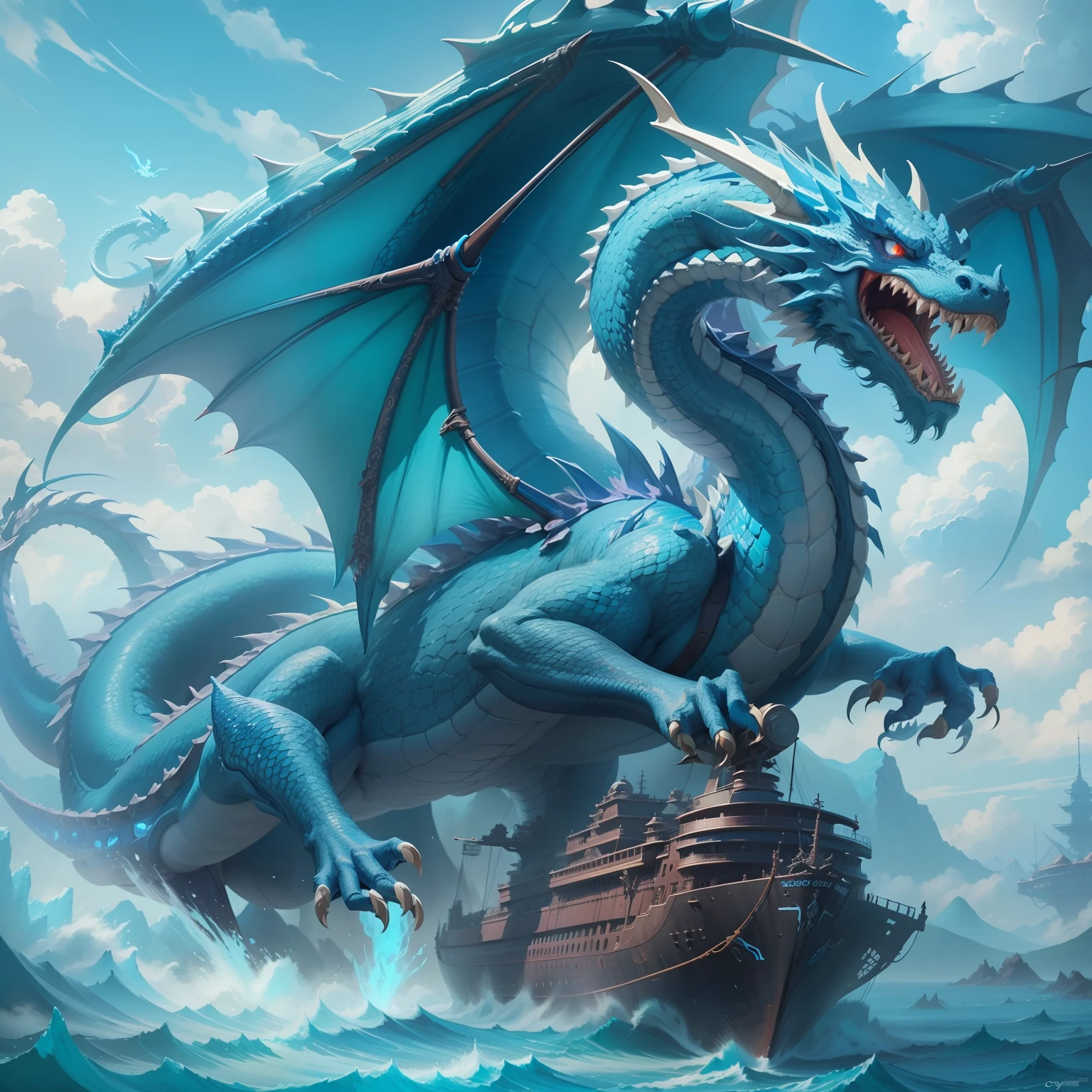 There was a dragon flying over a ship in the sky, cyan chinese dragon fantasy, Frost Dragon, Blue dragon, highly detailed fantasy art, blue scaly dragon, colossal dragon as background, oil painting of dragon, Dragon Art, hyperrealistic d & D fantasy art, chinese dragon concept art, detailed fantasy art, chinese dragons fighting, epic dragon, detailed dragon