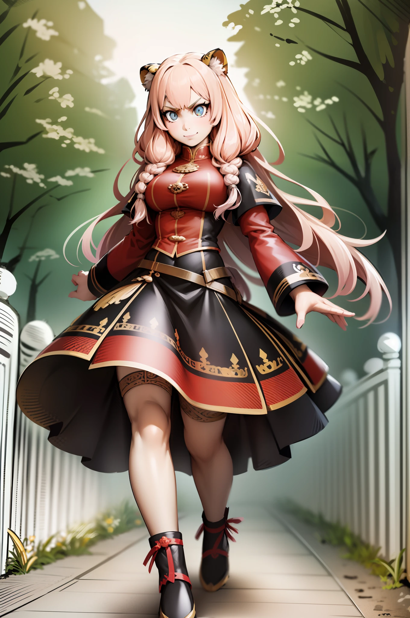 , oreilles de tigre, queues de tigre, art martial, poitrine moyenne, cheveux roses, skirt, vest, godess,1girl,coat,walking, solo focus.1character, holy catholic mountain,, goddess, fantasy, mid long skirt, smile, smug