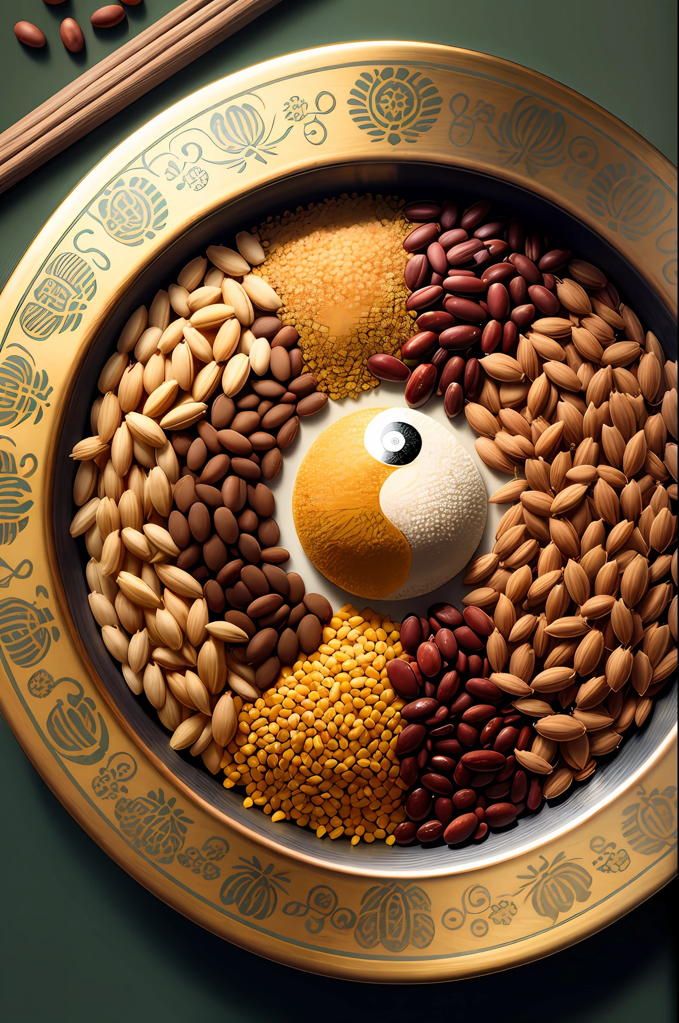 Detailed illustration of medieval grain manuscript pages,With agricultural illustrations,Yin and yang pattern illustration and grain,Red beans, Black beans, soybean, rice, Wheat,The grain poses in a yin and yang gossip pattern,Complex text,extremly high detail,aerial view from above,at centre,No Man,No Man