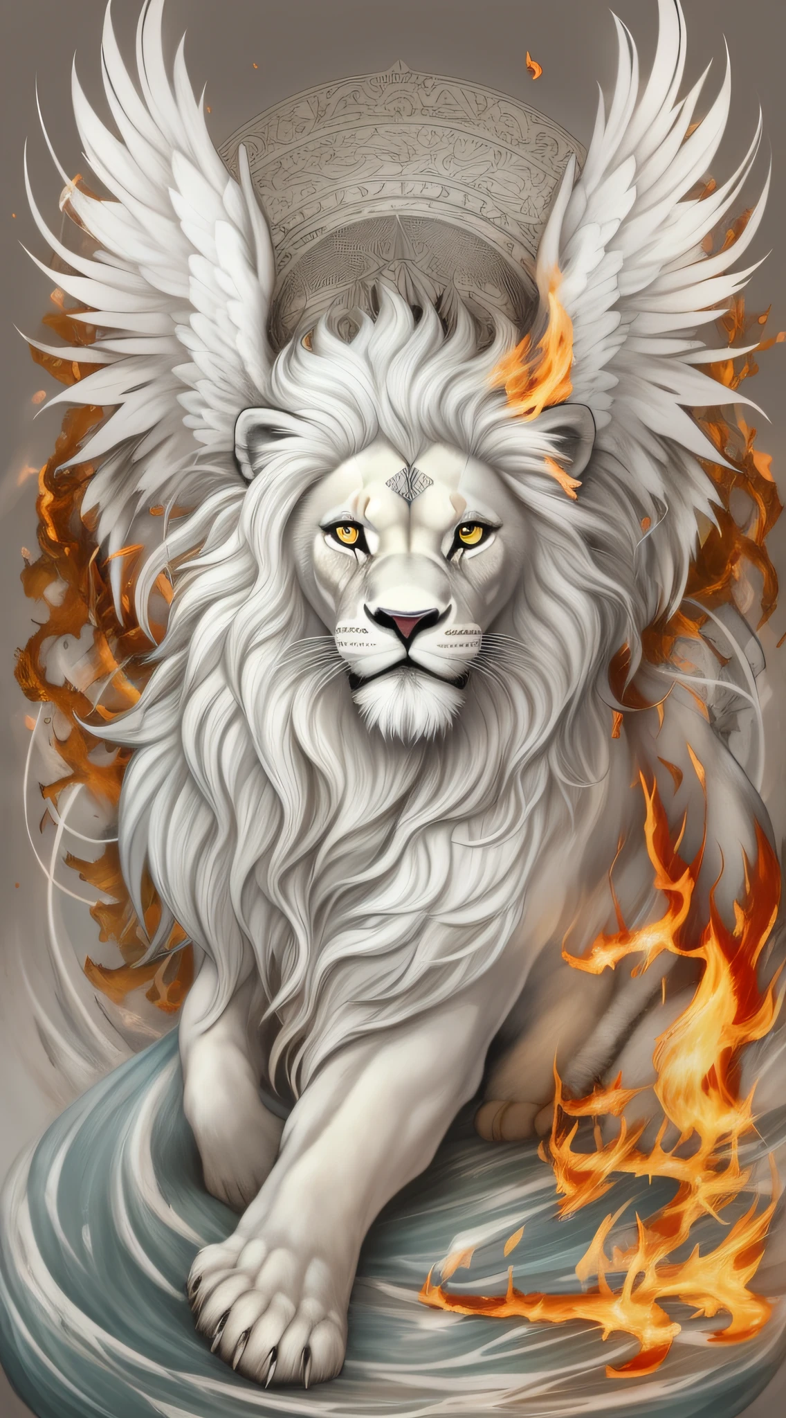 desenhar arte,estilo de tatuagem sombreado, White lion with wings with elements, fire, Natureza, ar, water, ao redor, Single with white background