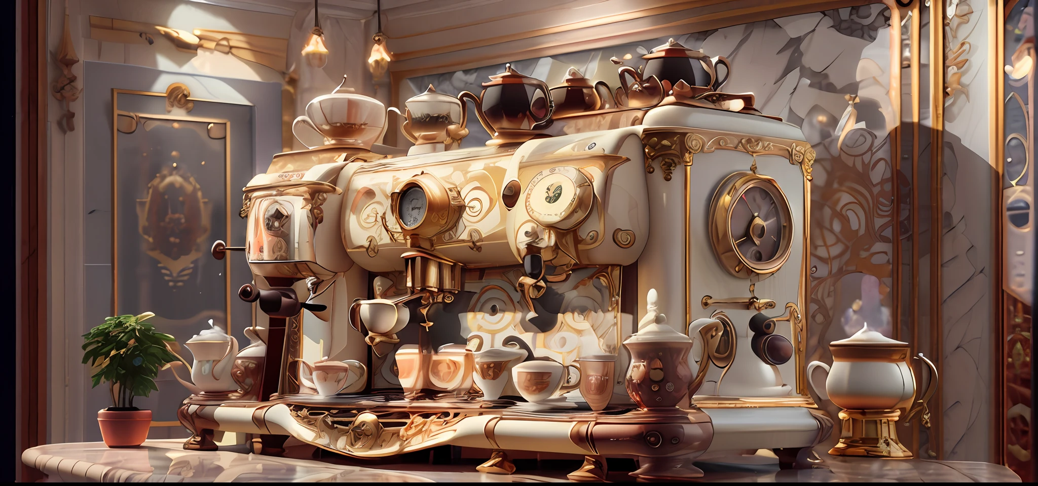 There is a very ornate clock on a table in a room, antique coffee machine, art nouveau octane render, Highly detailed VFX espresso, super detailed rendering, daily render, espresso machine, Art Nouveau hiperrealista, rolands zilvinskis 3d render art, 3 d render stylized, coffee machine, cinema realista 4 d render, ornate gilded cosmic machine