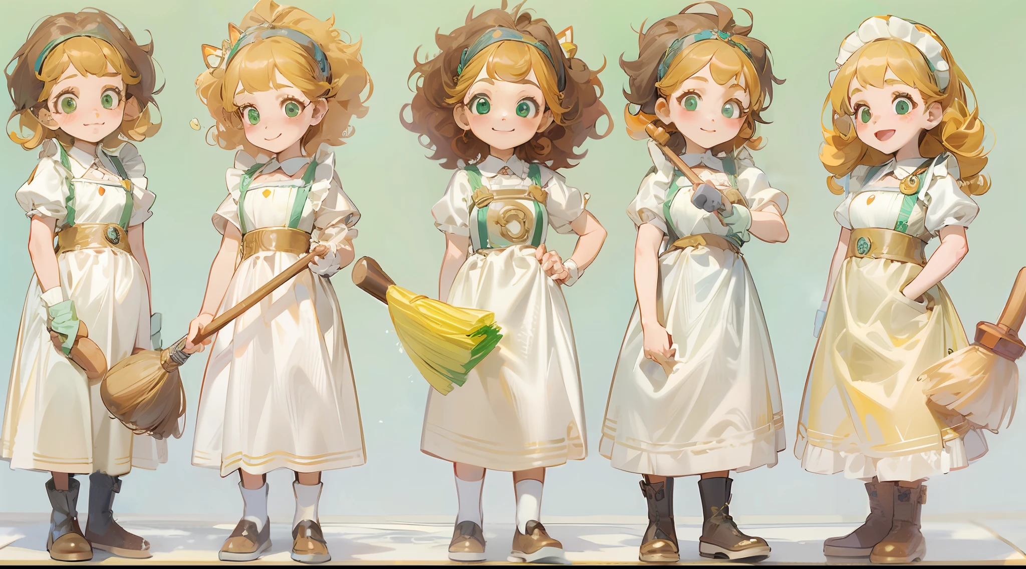 photorealisim、full body Esbian、12Year old girl、Cute with green eyes12Year old girl、Severe curly hair、Naturally curly hair、Golden hair、hitornfreckles、Housemaid style、ssmile、Cleaning cheerfully with a broom
