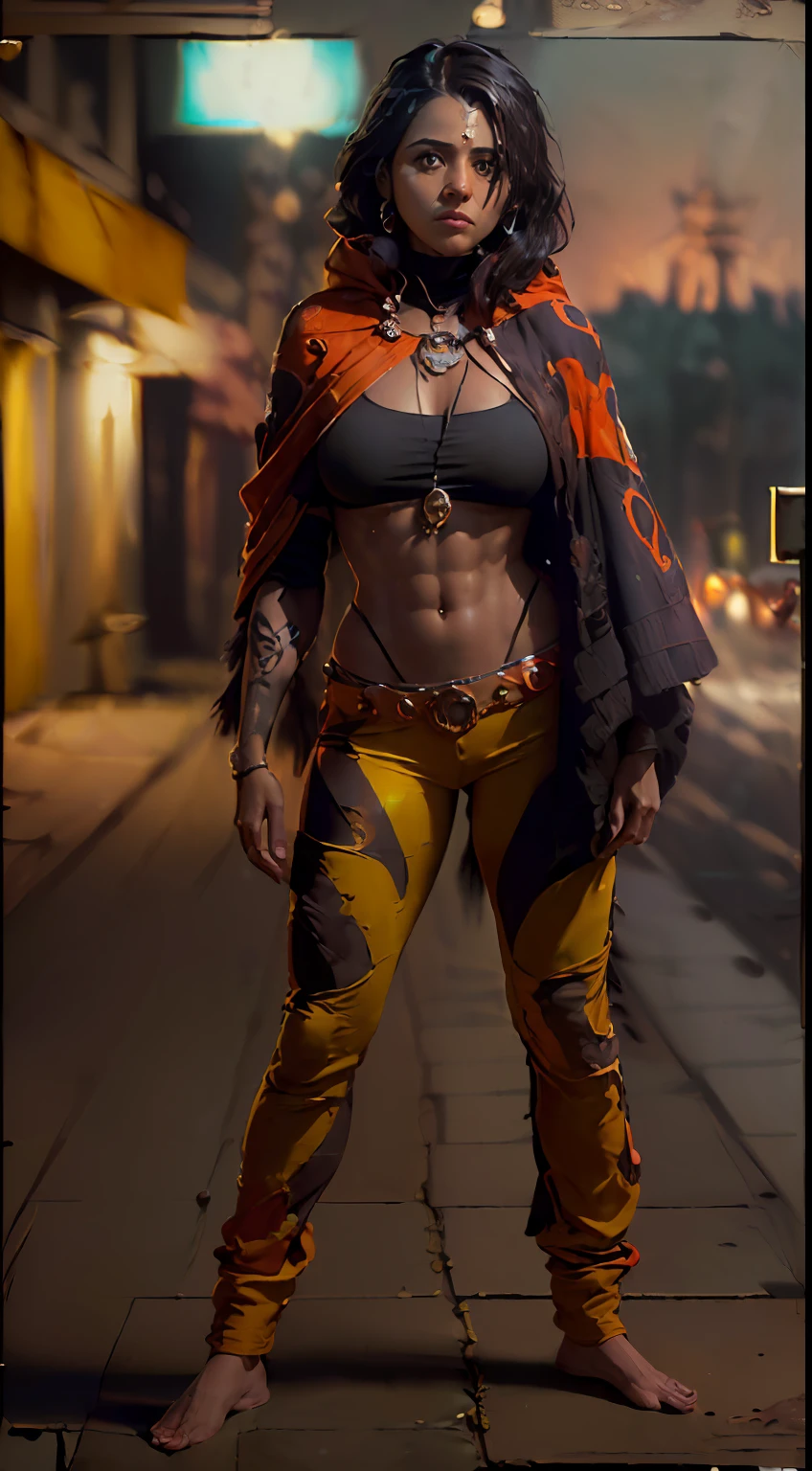 (
(Character: one mexican woman, mystic, brown skin, black medium messy hair, abs)
(Clothing: orange inca poncho, inca pants, amulets, inca tattoos)
(Pose: full body shot:1.7)
(Posing against a city street at night)
(Abstract colors, texture, film grain, analog style, cinematic movie still frame, orange color scheme)
(Style: ((masterpiece:1.5)), (face detailed), photo-realistic:1.3, hyperrealistic, film grain, realistic lighting, backlighting:1.3)
)