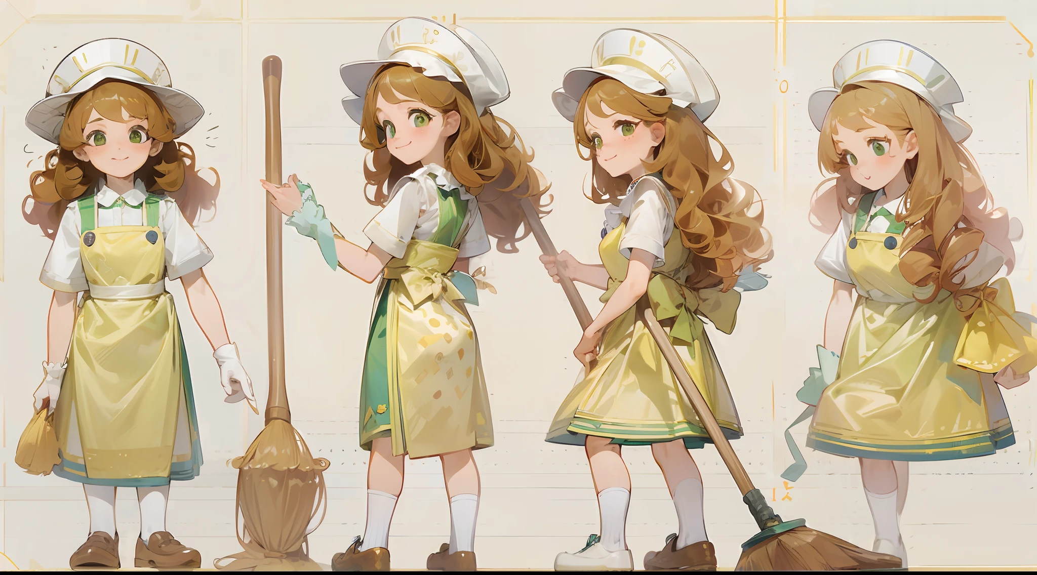photorealisim、full body Esbian、12Year old girl、Cute with green eyes12Year old girl、Severe curly hair、Naturally curly hair、Golden hair、hitornfreckles、Housemaid style、ssmile、Cleaning cheerfully with a broom
