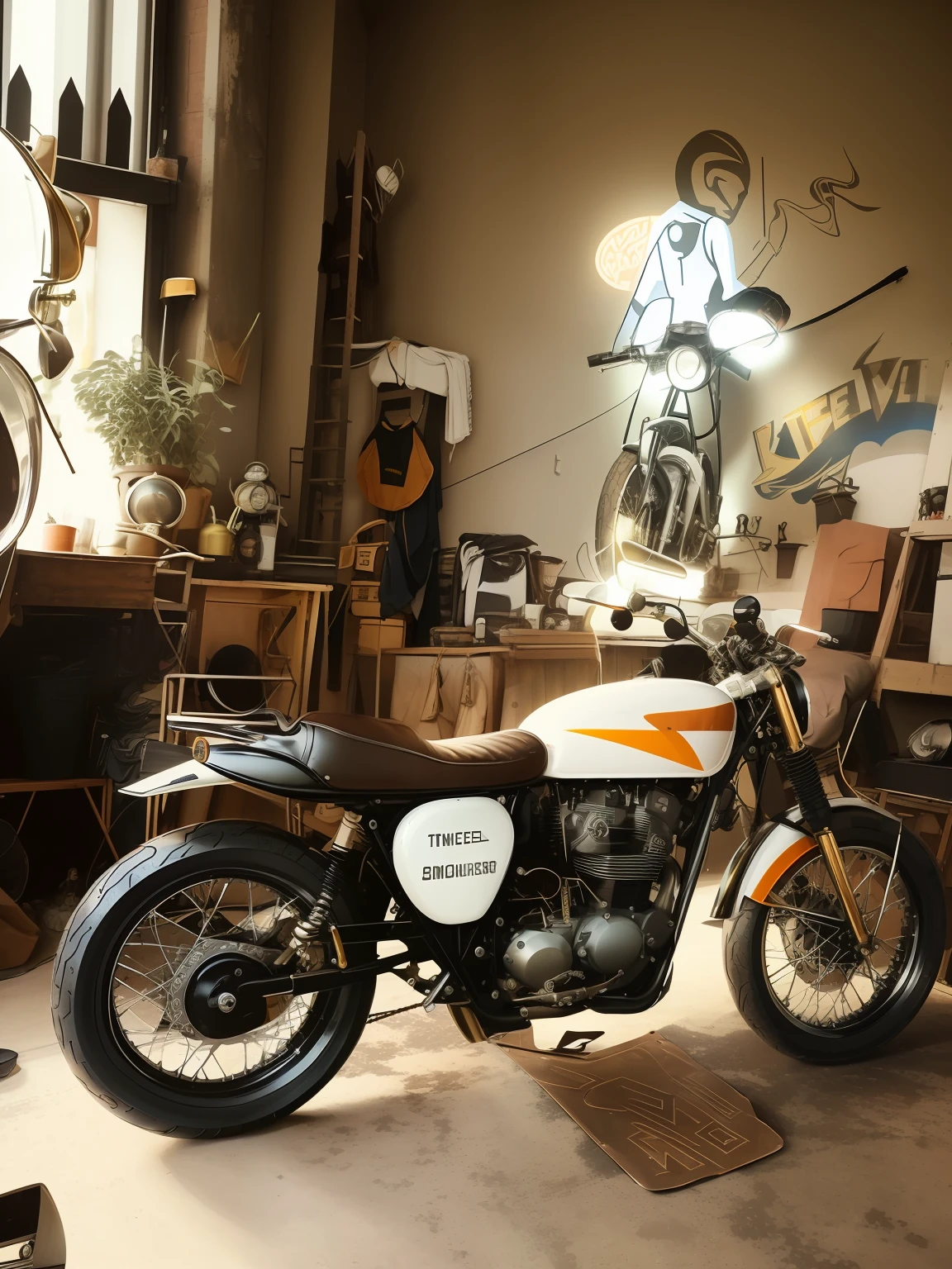 there is a motorcycle that is parked in a garage, cafe racer, 1 9 6 0 s cafe racer, in a workshop, deus ex machina, 🪔 🎨;🌞🌄, scrambler, 1 9 5 0 s scrambler, motorcycles, masterpiece work of art, by Romain brook, by Aneurin Jones, motorcycle, by Brian Fies, keep motorcycle colour,