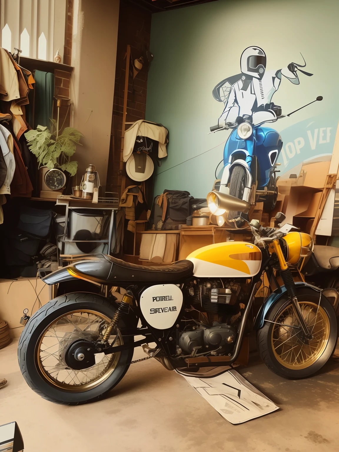 there is a motorcycle that is parked in a garage, cafe racer, 1 9 6 0 s cafe racer, in a workshop, deus ex machina, 🪔 🎨;🌞🌄, scrambler, 1 9 5 0 s scrambler, motorcycles, masterpiece work of art, by Romain brook, by Aneurin Jones, motorcycle, by Brian Fies, keep motorcycle colour,