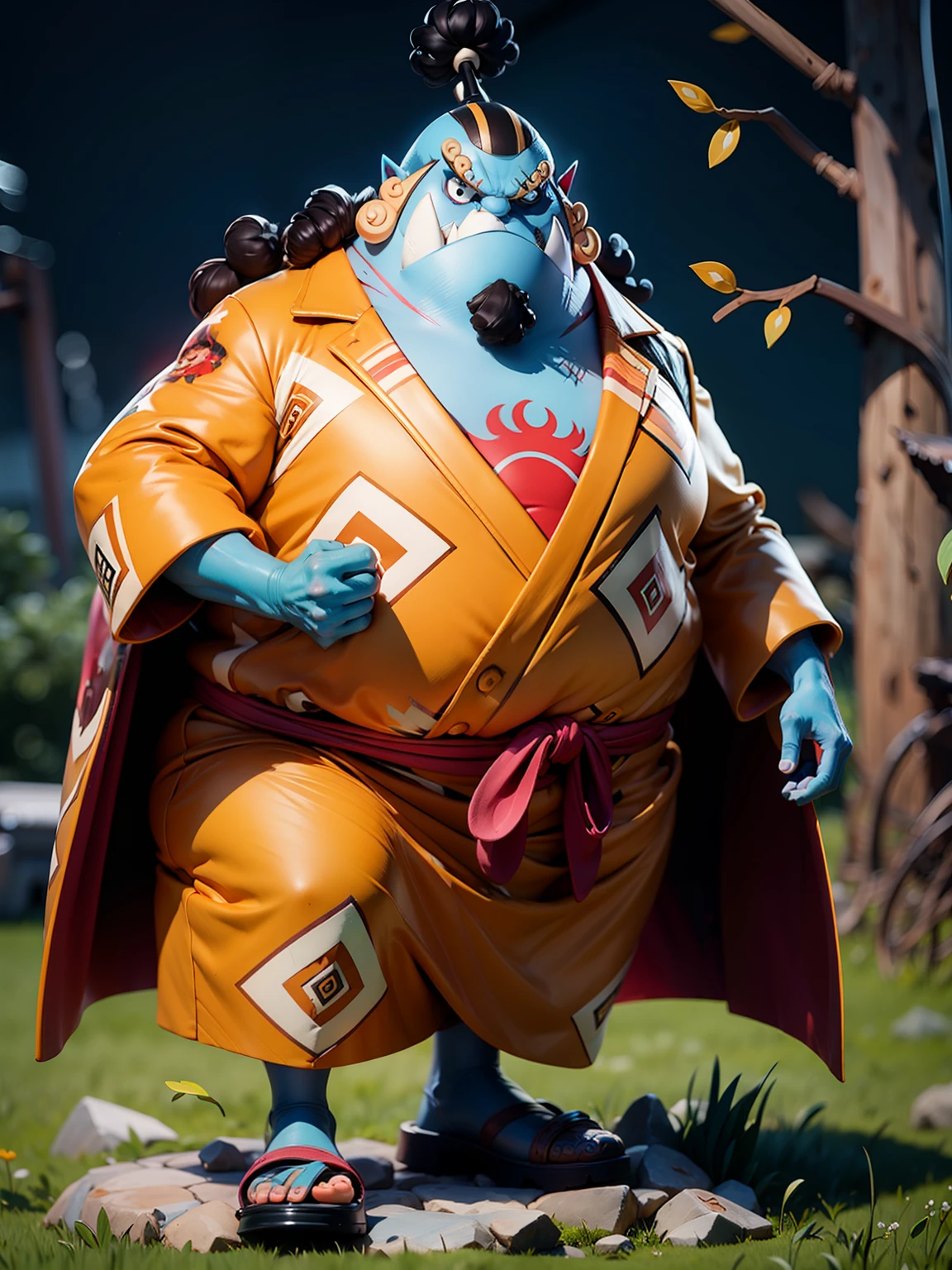 masterpiece, best quality, ultra-detailed, jinbei, jinbei oyabun 1boy, solo, Full body, smile, blue skin, wear suits, detailed face, day, full body, looking at viewer, male focus, open fields, grass, perfect hands, perfect face, background japanese traditional house