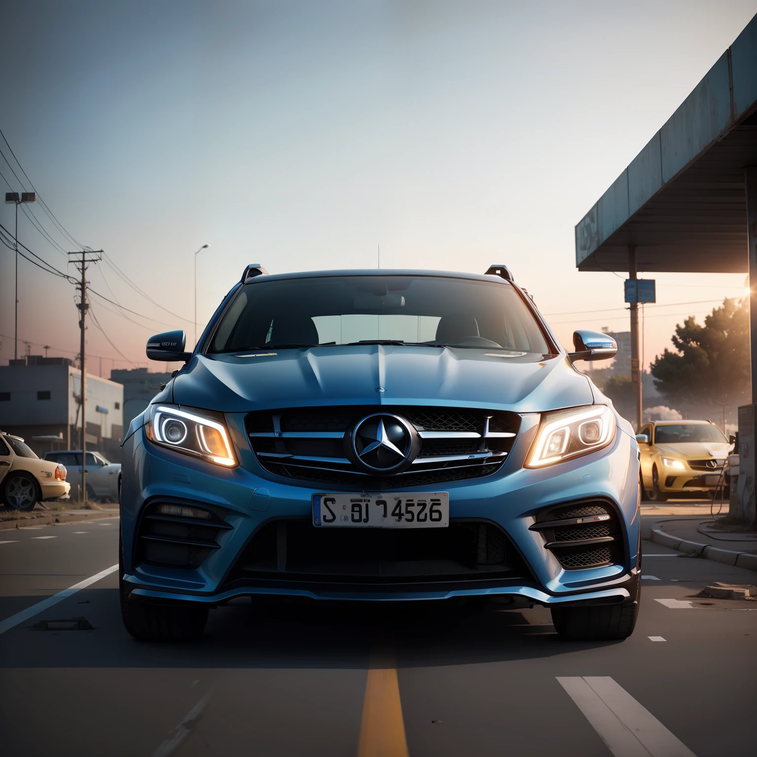 Cars around an abandoned gas station made of rockets Beautiful blue sky Clutter-Home(AtomPunkStyleSD15:1.0), (masterpiece:1.2) (Photorealistic:1.2) (Bokeh) (Top Quality) (Detailed skins) (Complex) (8k) ( HDR) (cinematic lightings) (Sharp Focus) Benz GLE 450 4M