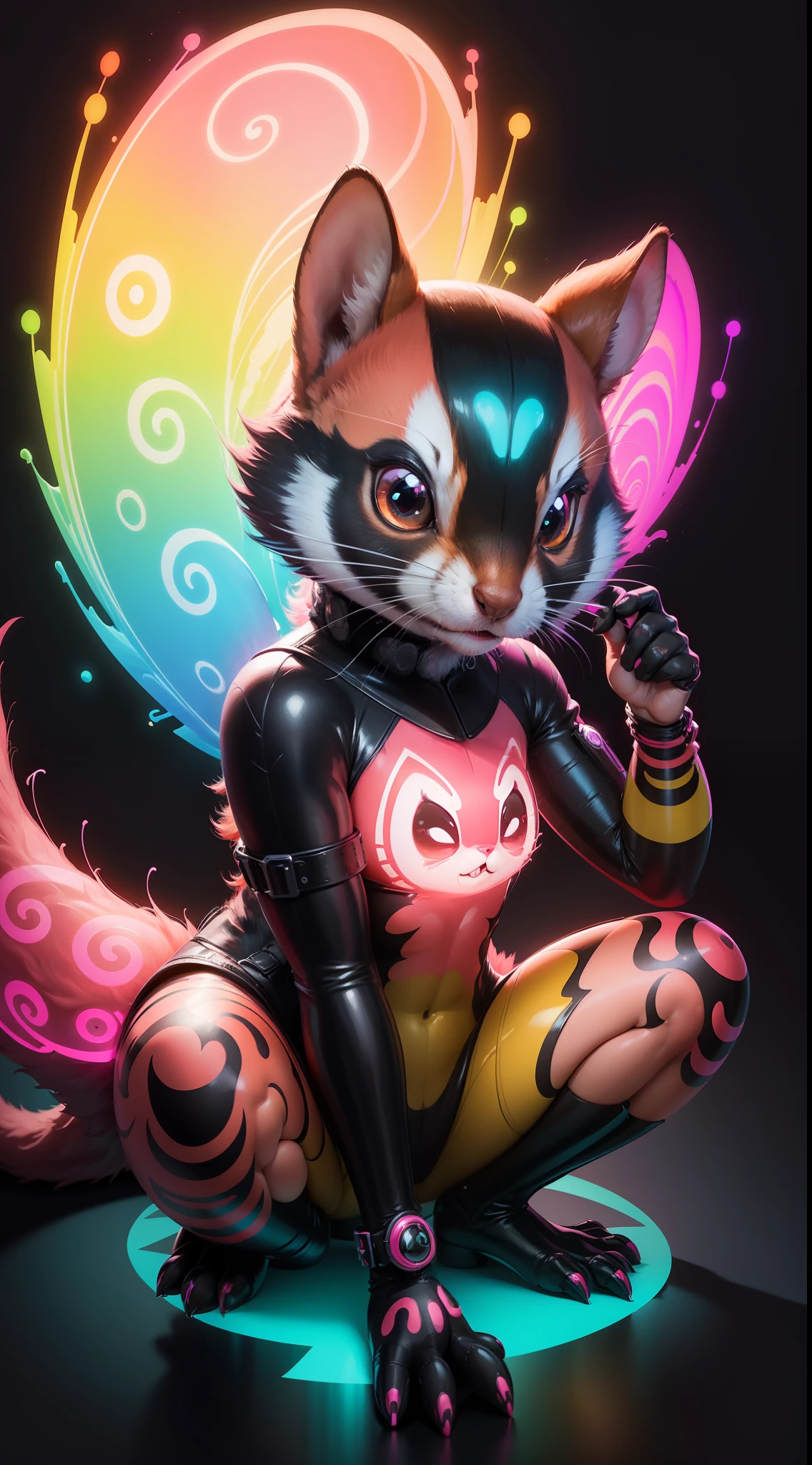 a brightly colored deadpool squirrel sitting on a black surface with a swirly tail, cute digital art, adorable digital painting, colorfull illustration, cute detailed digital art, colorful illustration, glowing lights! digital painting, jen bartel, cute colorful adorable, beautiful digital artwork, art of alessandro pautasso, cute artwork, adorable glowing creature, colorful glow