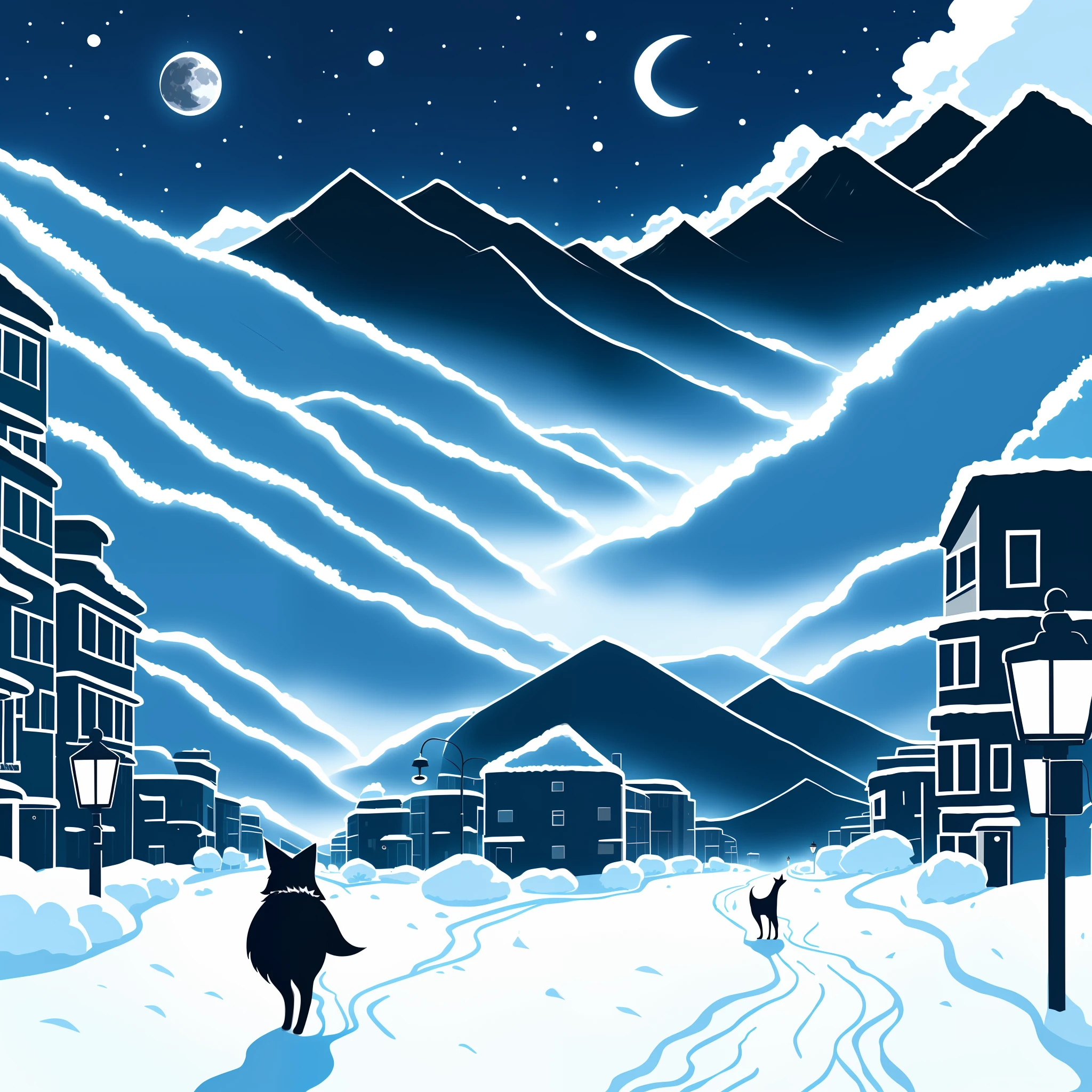 Cute fox anthropomorphic walking in winter clothes，((Cultist_Simulator, SimpleCult, tmasterpiece, best quality, detailed, absuredres)), outdoors, landscape, (buildings, city, lamppost), mountain, mountain ranges, blue_theme, cloud, night_sky, simple_art_style, moon, monochrome