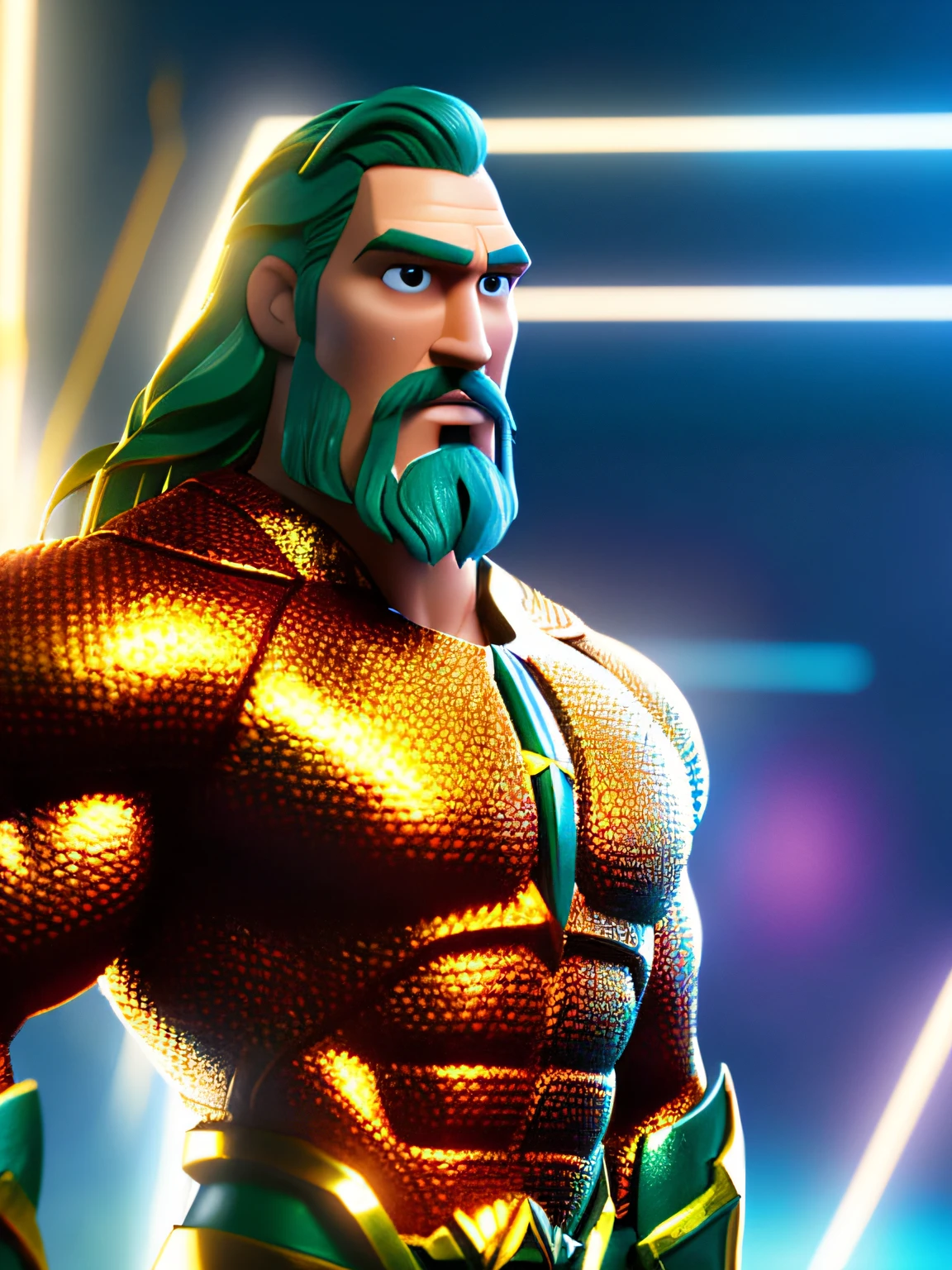 aquaman, (Estilo Pixar) (Obra maestra: 1.2) (Bokeh) (La mejor calidad) (Cuero detallado) (Textura detallada) (8k) (claymation) (cinematic lighting) (foco nítido)