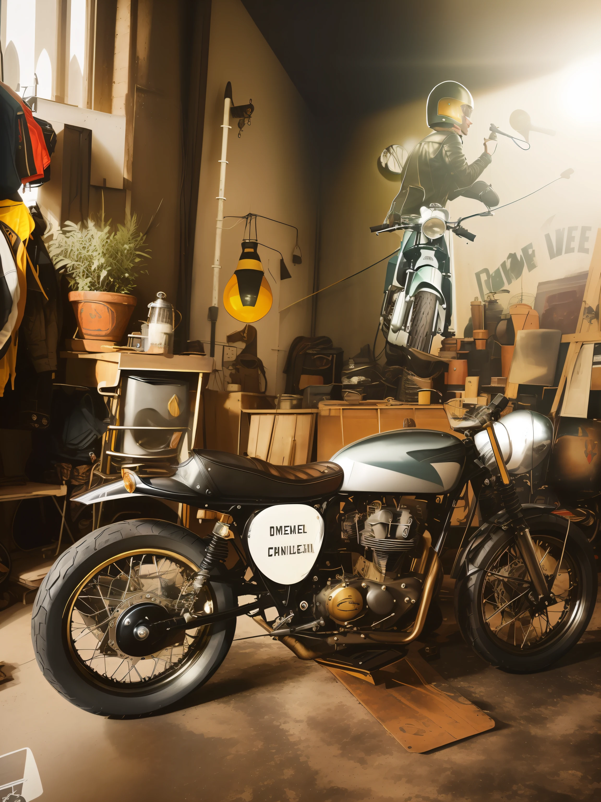 there is a motorcycle that is parked in a garage, cafe racer, 1 9 6 0 s cafe racer, in a workshop, deus ex machina, 🪔 🎨;🌞🌄, scrambler, 1 9 5 0 s scrambler, motorcycles, masterpiece work of art, by Romain brook, by Aneurin Jones, motorcycle, by Brian Fies