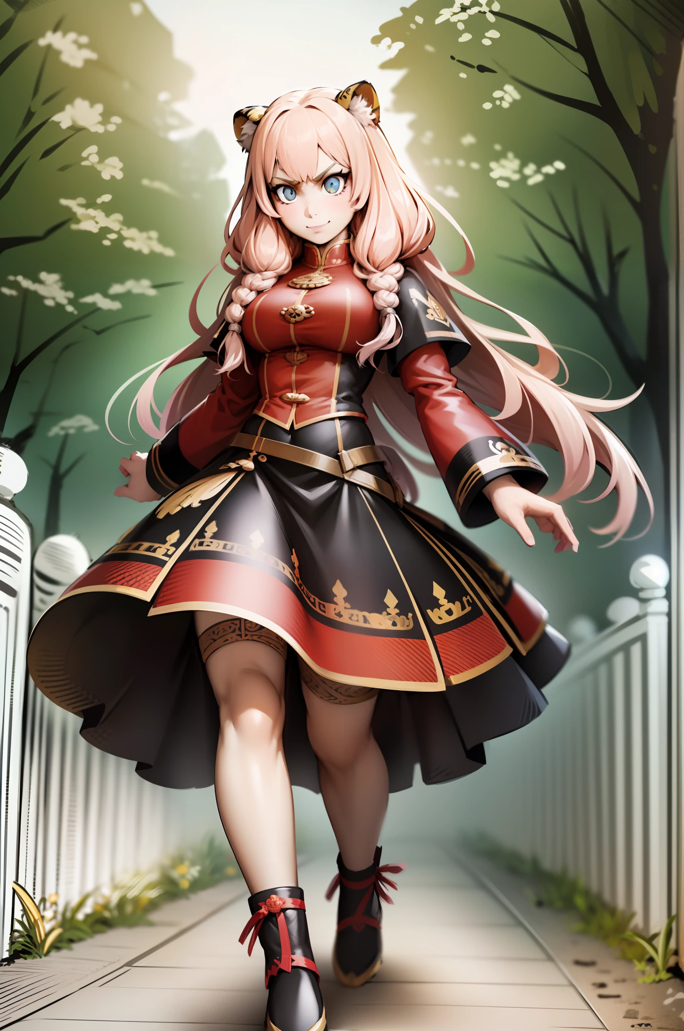 , oreilles de tigre, queues de tigre, art martial, poitrine moyenne, cheveux roses, skirt, vest, godess,1girl,coat,walking, solo focus.1character, holy catholic mountain,, goddess, fantasy, mid long skirt, smile, smug