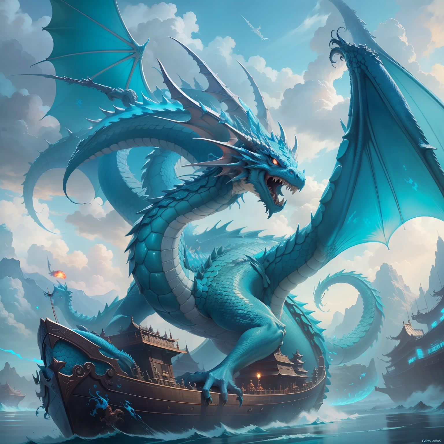 There was a dragon flying over a ship in the sky, cyan chinese dragon fantasy, Frost Dragon, Blue dragon, highly detailed fantasy art, blue scaly dragon, colossal dragon as background, oil painting of dragon, Dragon Art, hyperrealistic d & D fantasy art, chinese dragon concept art, detailed fantasy art, chinese dragons fighting, epic dragon, detailed dragon