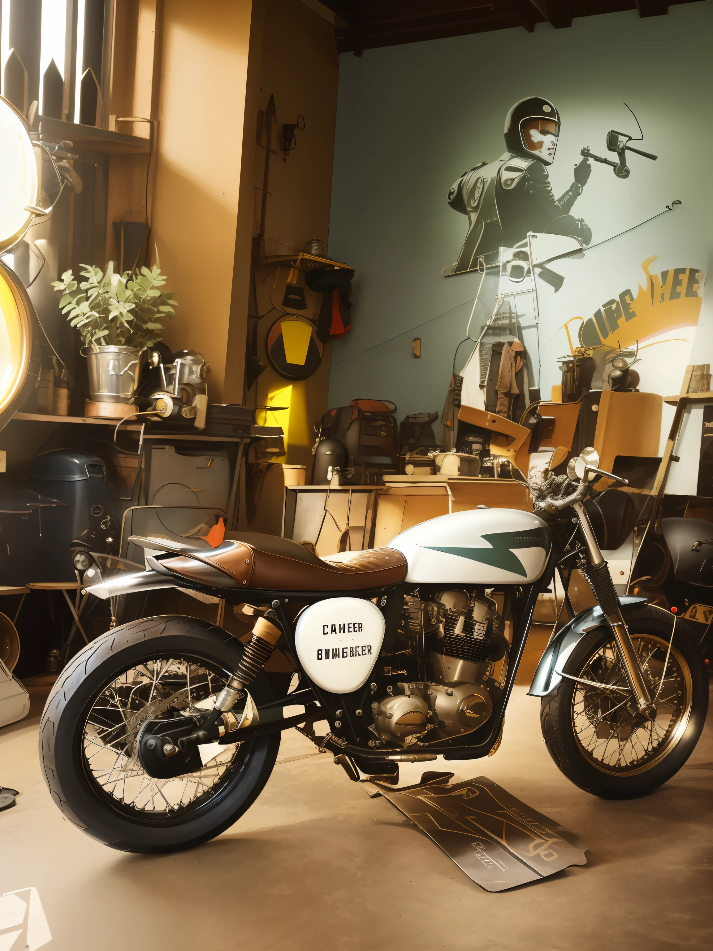 there is a motorcycle that is parked in a garage, cafe racer, 1 9 6 0 s cafe racer, in a workshop, deus ex machina, 🪔 🎨;🌞🌄, scrambler, 1 9 5 0 s scrambler, motorcycles, masterpiece work of art, by Romain brook, by Aneurin Jones, motorcycle, by Brian Fies