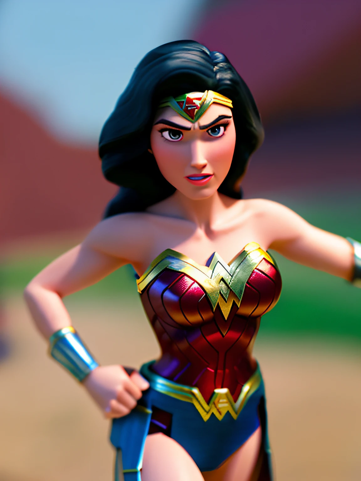 wonder woman, (Estilo Pixar) (Obra maestra: 1.2) (Bokeh) (La mejor calidad) (Cuero detallado) (Textura detallada) (8k) (claymation) (cinematography lighting) (foco nítido)